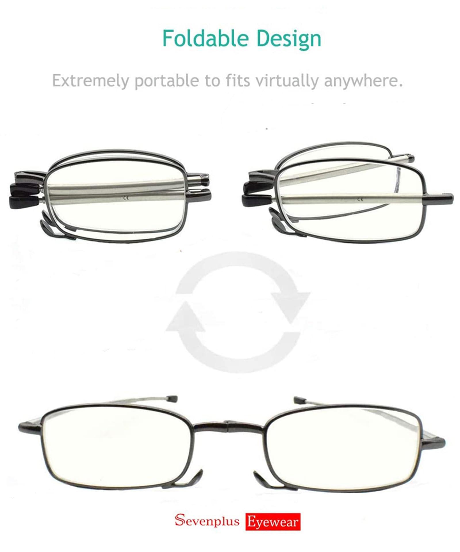 sevenplus 2 Pairs Blue Light Blocking Glasses Anti UV Glare Eyestrain Compact Folding Reading Glasses for Unisex with Cases Wiping Cloths 1.75X