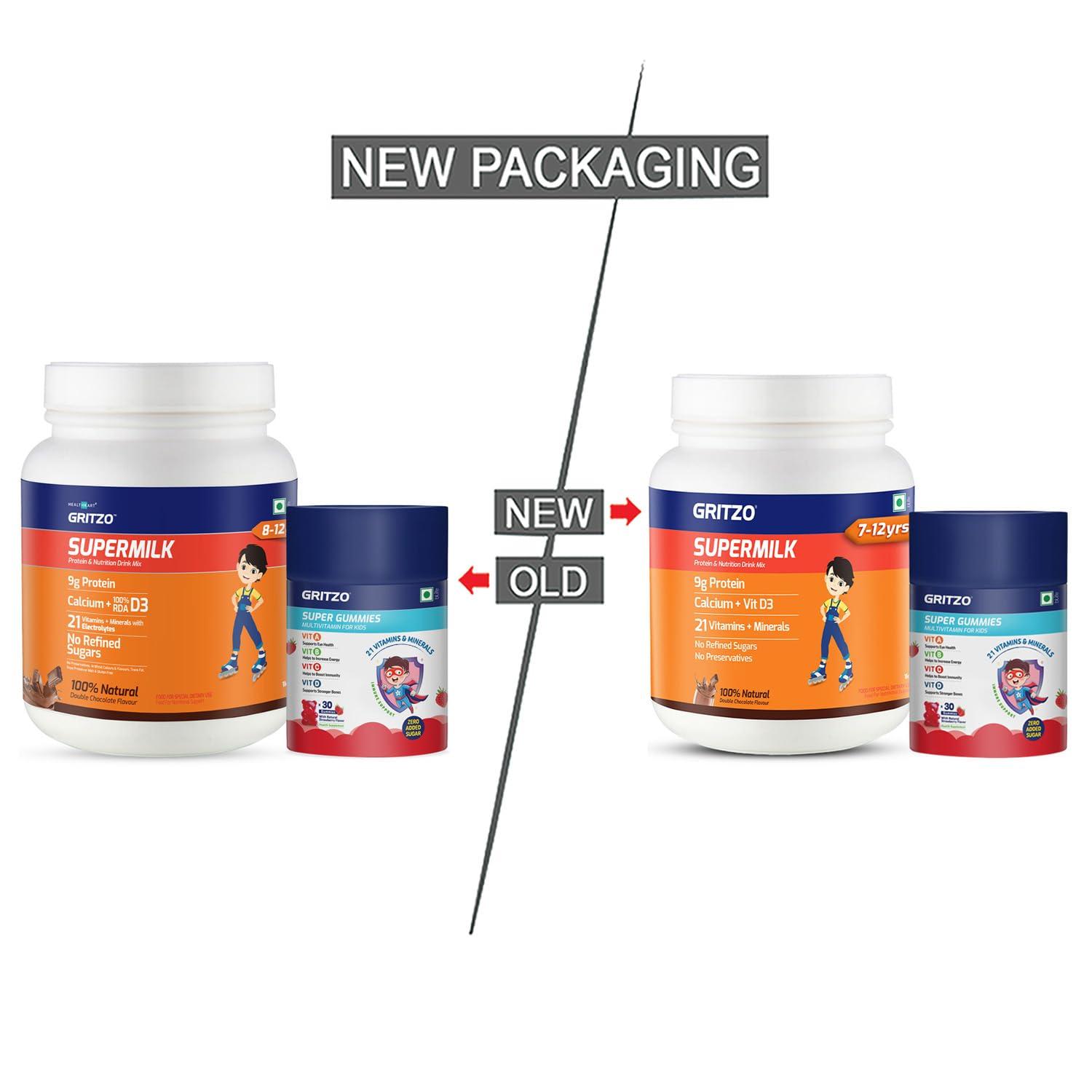 Gritzo Gritzo SuperMilk Daily Nutrition, (7-12y Young Athlete) Powder with Super Gummies (Double Chocolate, 1kg & Strawberry, 30 Gummies) (Combo Pack)