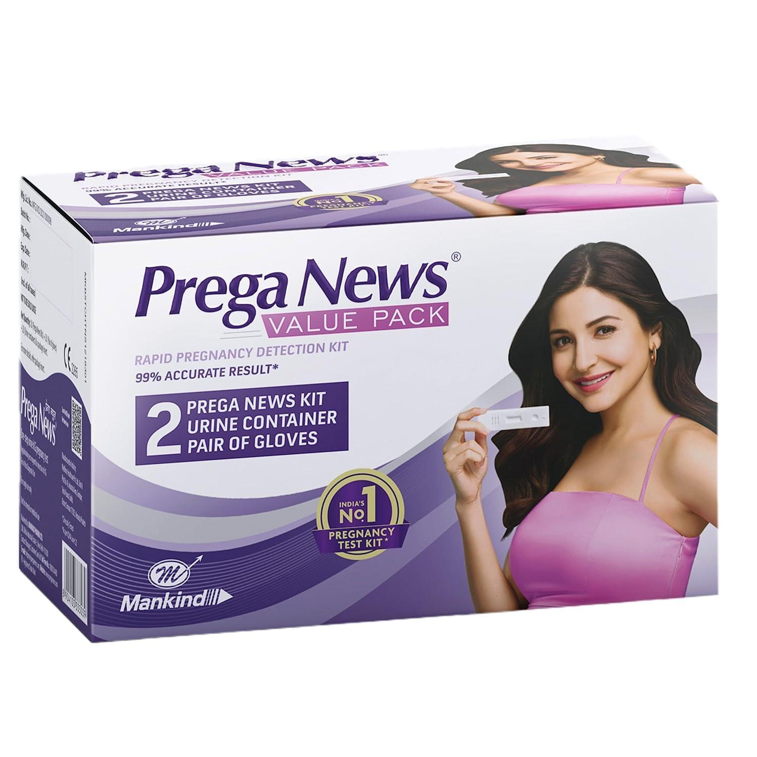 Prega News Prega news Value Pack Kit,One Step Pregnancy Test Kit, Easy to Use, Accurate Result in Just 3 Minutes,2 Gloves + 2 Urine Containers + 2 Pregnancy Test Kits x pack of 24
