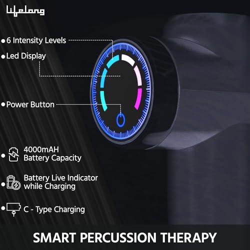 Lifelong Lifelong Gun Massager for Pain Relief with 8 Massage Heads & LCD Touch Display - Battery Powered - Deep Tissue Massage with 6 Speed Settings for Percussion Massage for Full Body (LLGM171, Black)