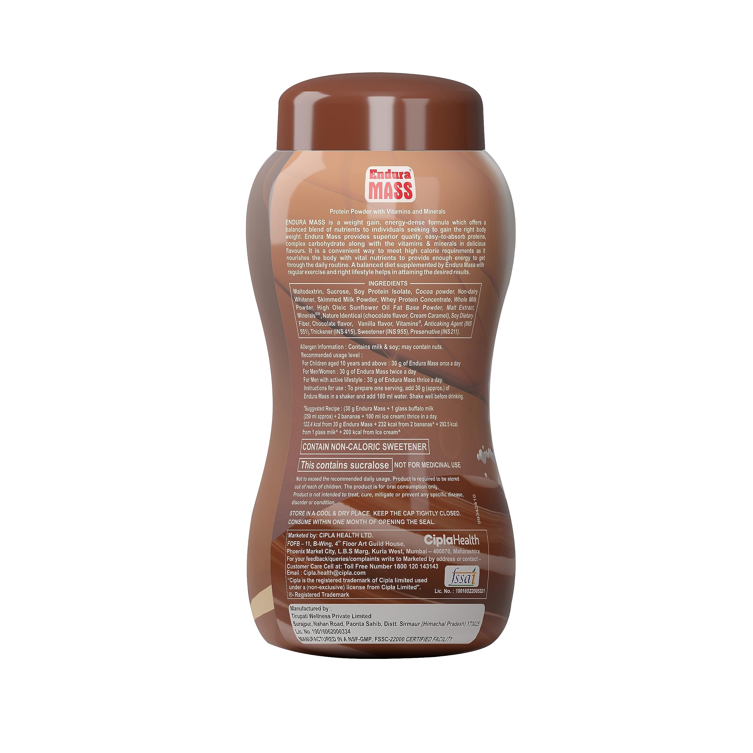 Endura Endura Mass Weight Gainer Powder| Mass Gainer | Gain Weight, Post Workout, 74 g Carbohydrate, 15 g Protein, Healthy Fats (Chocolate, 1 Kg)