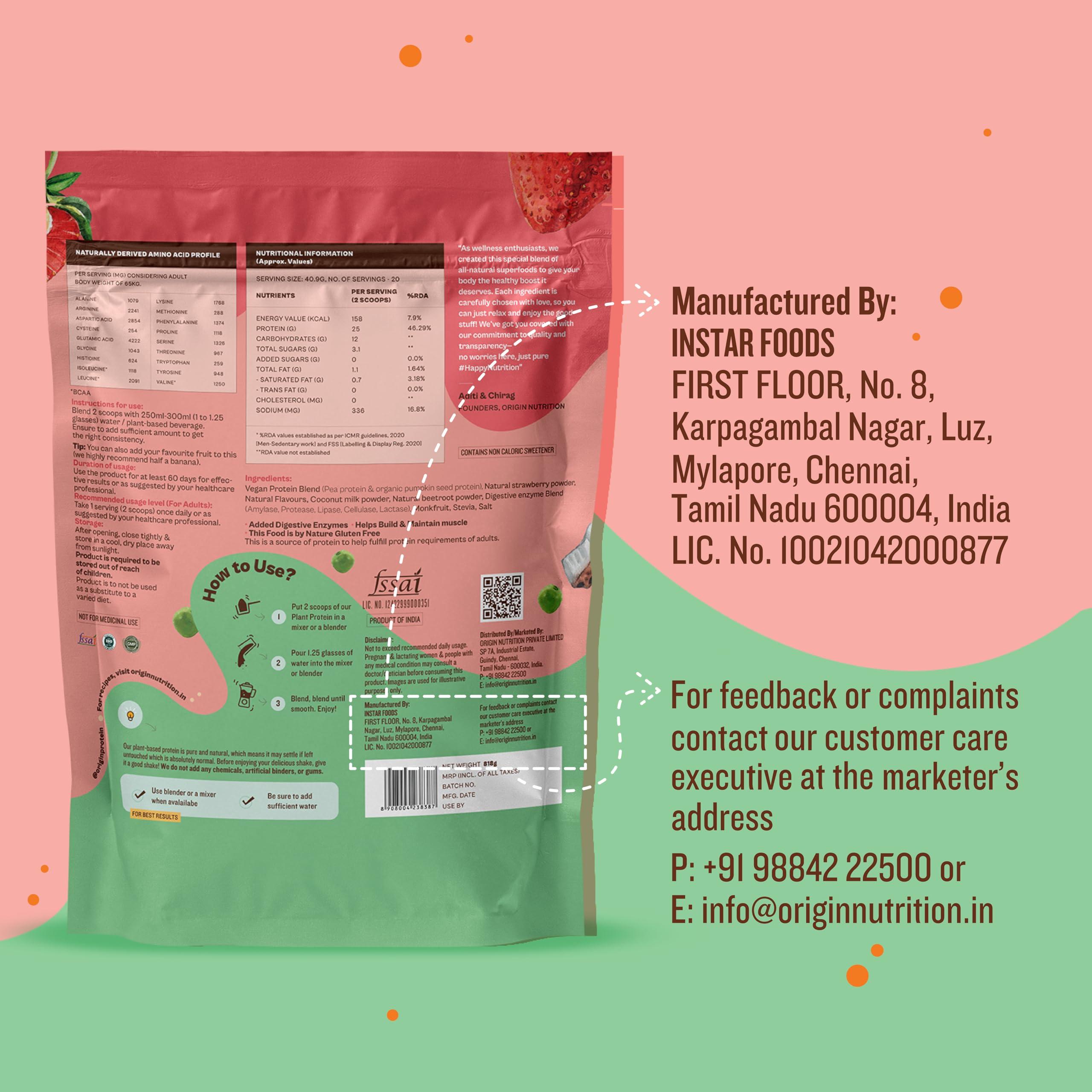 ORIGIN NUTRITION Origin Nutrition 100% Natural Vegan Protein Powder (European Pea Protein Isolate & Pumpkin Seed Protein) Easy to Digest Strawberry Flavour with 25g Plant Based Protein,830g