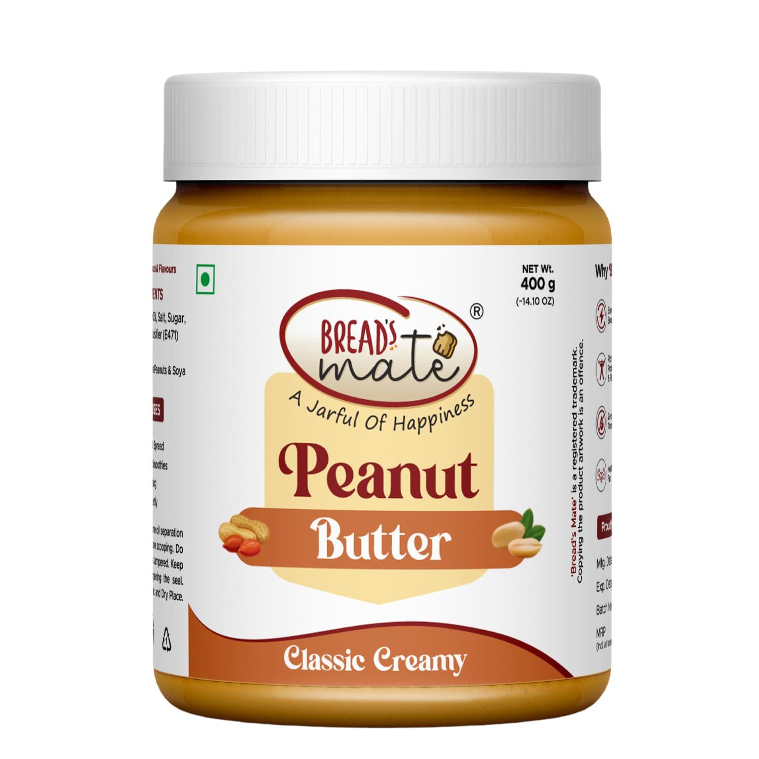 BREAD\'SMATE BREAD\'SMATE Peanut Butter 400Gm Jar | High Protein | Naturally Gluten Free | Vegan | Trans Fat Free (Classic Creamy)