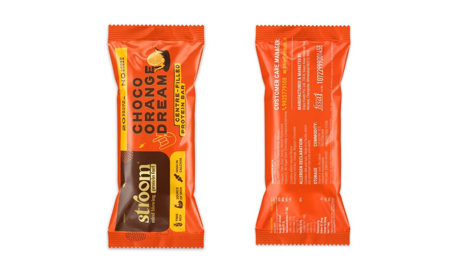 STROOM STROOM Asia\'s First Centre Filled Protein Bars | 20g Protein (5 Bars, 63 Grams Each) | Choco Orange Dream | Protein Bars for Muscle Growth & Repair | Fibre Rich | No Added Sugar