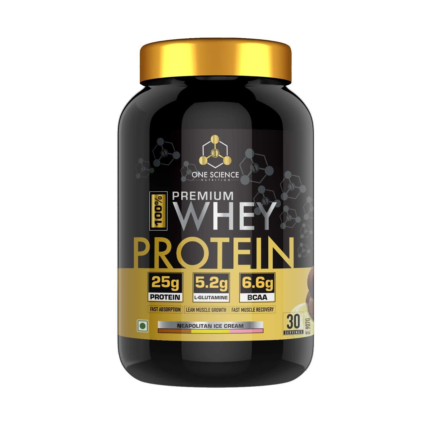 ONE SCIENCE NUTRITION One Science Nutrition (OSN) Premium Whey Protein [Grass Fed Whey] - 25g Protein, 6.6g BCAA & 5.2 gms L-Glutamine | Refuels & Repairs Muscles - 2 lbs - Neapolitan Ice Cream