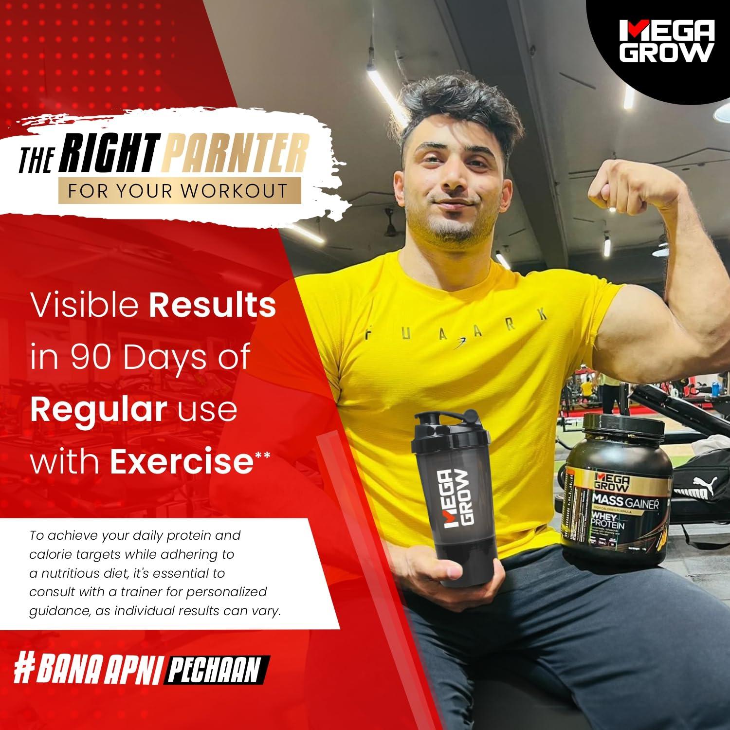 MEGAGROW Megagrow Mass Gainer + Shaker 1kg (Mango Flavor) -High Calorie Whey Protein Powder for Weight Gain/Muscle Building & Growth|Weight Gainer Shakes for Women & Men-No of Servings 10