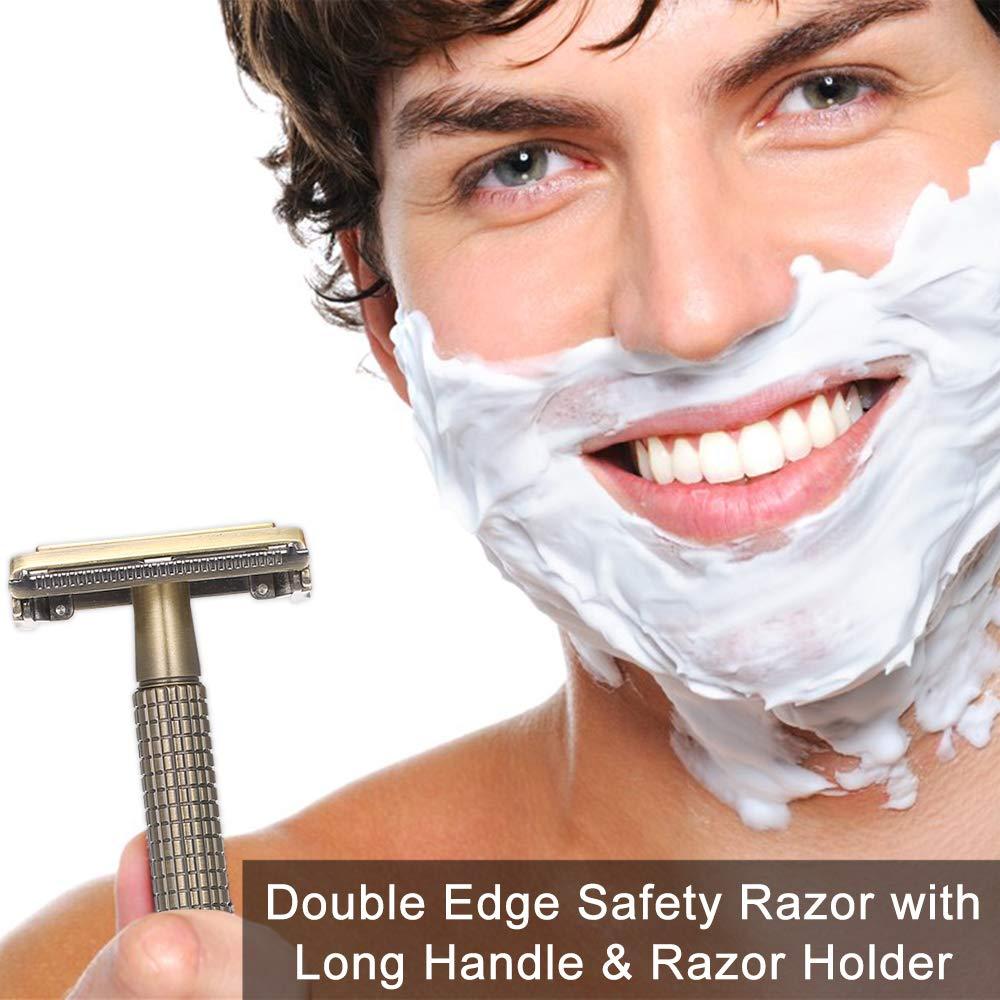 Qnotici Double-Edged Safety Razor with Long Handle & Razor Holder Butterfly Open Razor Clean Shaving Razor for Men