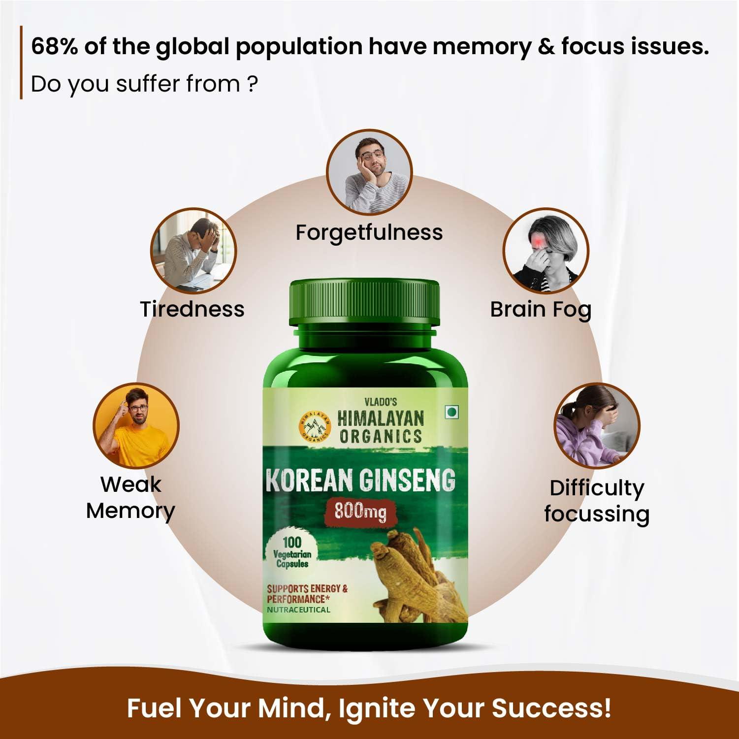 HIMALAYAN ORGANICS Vlado's Himalayan Organics Korean Red Panax Ginseng Capsules - 800 MG I Extra Strength for Energy, Focus, Endurance Performance, Vitality & Immune Support I Memory and Mental Performanc Enhancer I Stamina Booster I Korean Red Ginseng Root Extract - 1