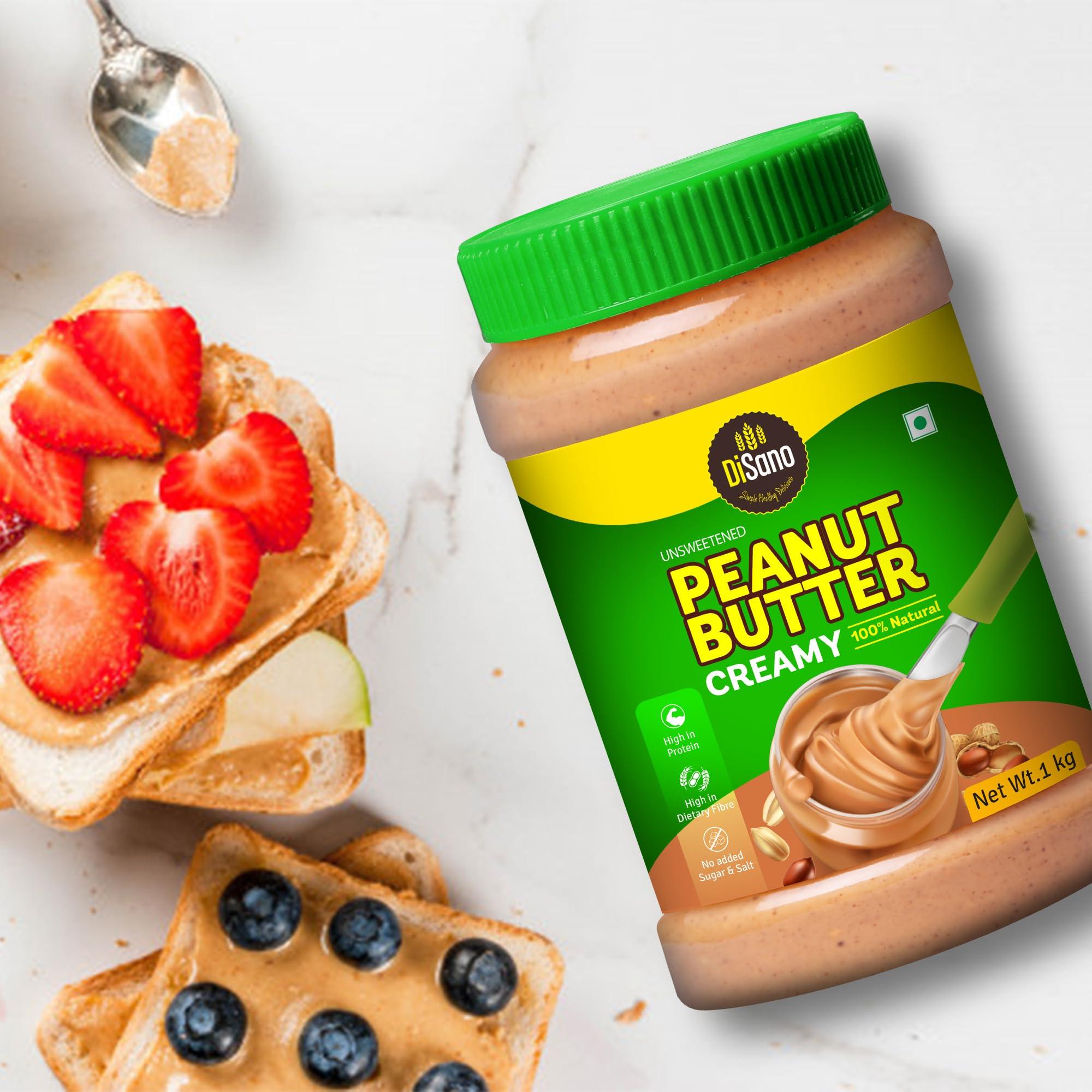 DISANO Disano Peanut Butter Crunchy 924g & DiSano Peanut Butter, All Natural, Creamy, Unsweetened, 30% Protein, Gluten Free, Non GMO, 1Kg