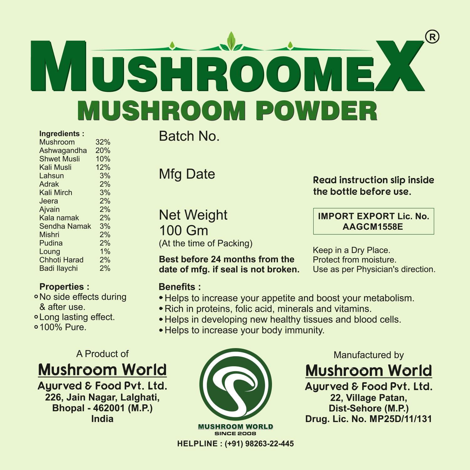 mushroomex Mushroomex 100 Gram Mushroom Powder Ayurvedic Weight Gainer for Men Women and Adults with Natural Ingredients to Improve Stamina, Appetite and Overall Wellness (Pack of 1)