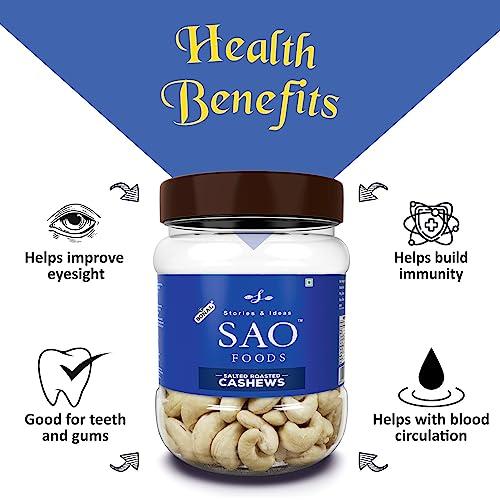 Stories & Ideas SAO Foods Sao Foods Freshly Roasted & Salted Cashews PET Jar 250 gm, Nutrient-Rich, Healthy Snack, Handpicked Cashews, Wholesome and Satisfyingly Crunchy, Gluten-free cashews, Healthy Dry Fruits, High Protein & Fiber, Perfect for Snacking