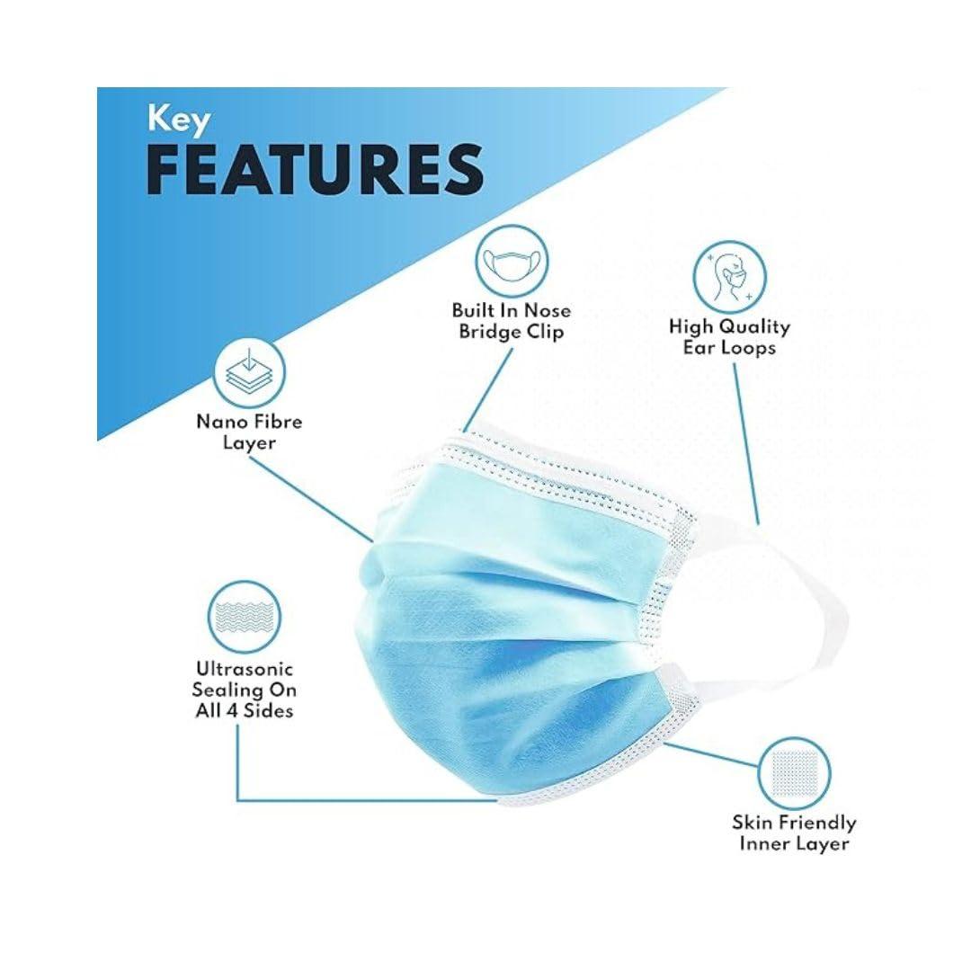 7Shield 7Shield Disposable Surgical 3Ply Unisex Mask - Ultra Soft Fabric Wide Ear Loop, Comfortable, Inbuilt Plastic Coated Nose Pin, CE and ISO Certified, Convenient Box Pack of 500 (Medical Blue Color)