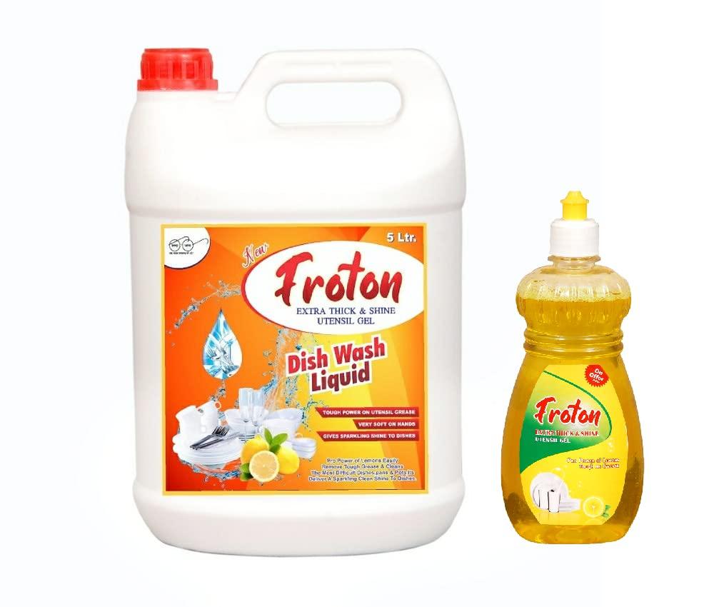 Froton Froton Dishwash Liquid,Pure Lemon Extract Dishwash Liquid,Non Acidic Safe on Hands Pure Extract of Lemon Dishwash Liquid 5 Litre & 250 ml Free pack