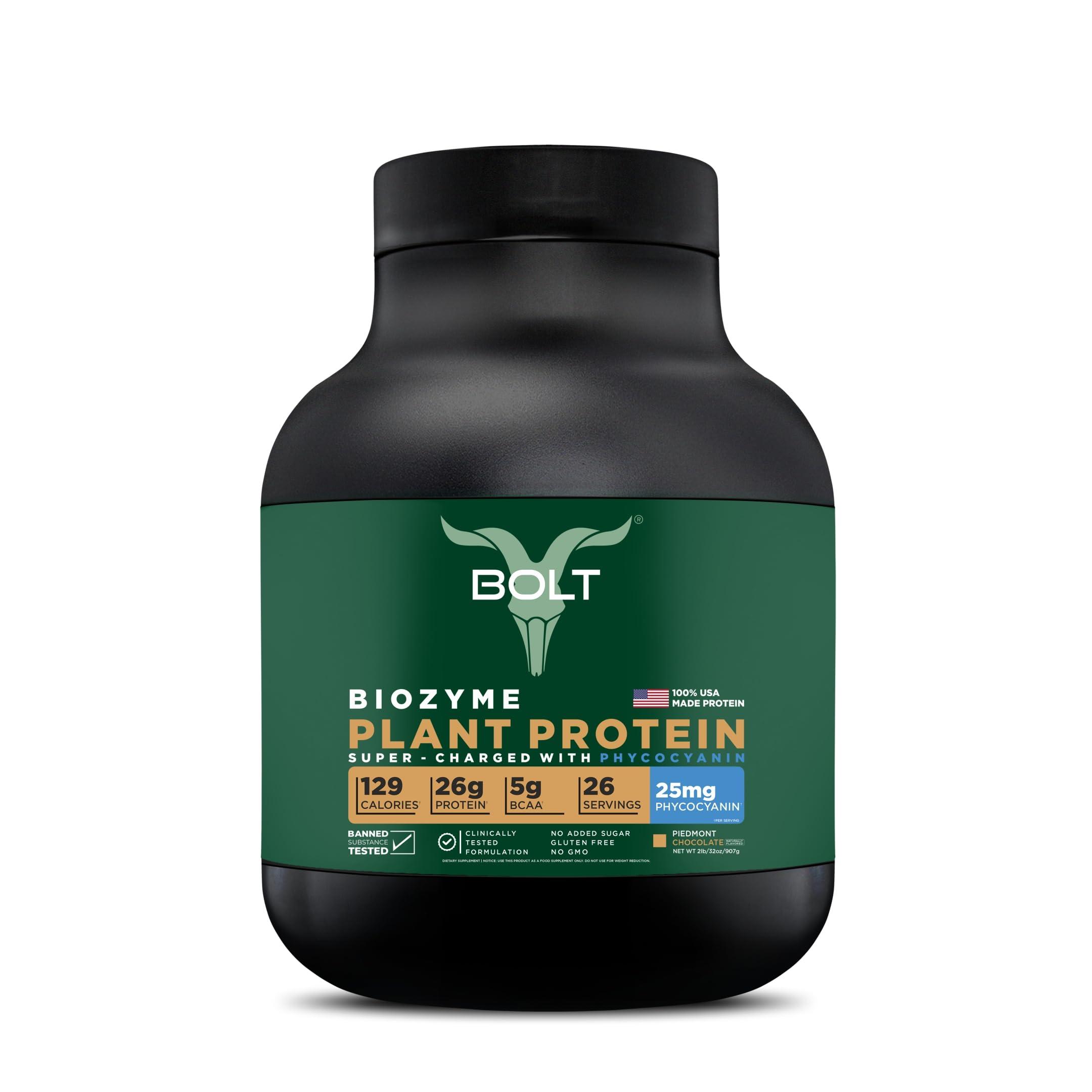Bolt Bolt Biozyme Plant Protein | Vegan Protein with Superfood PHYCOCYANIN and Ayurvedic Herbs | Complete Amino Acid Profile for muscle Support and Recovery | 2Lb/32oz, 26 Servings | Piedmont Chocolate