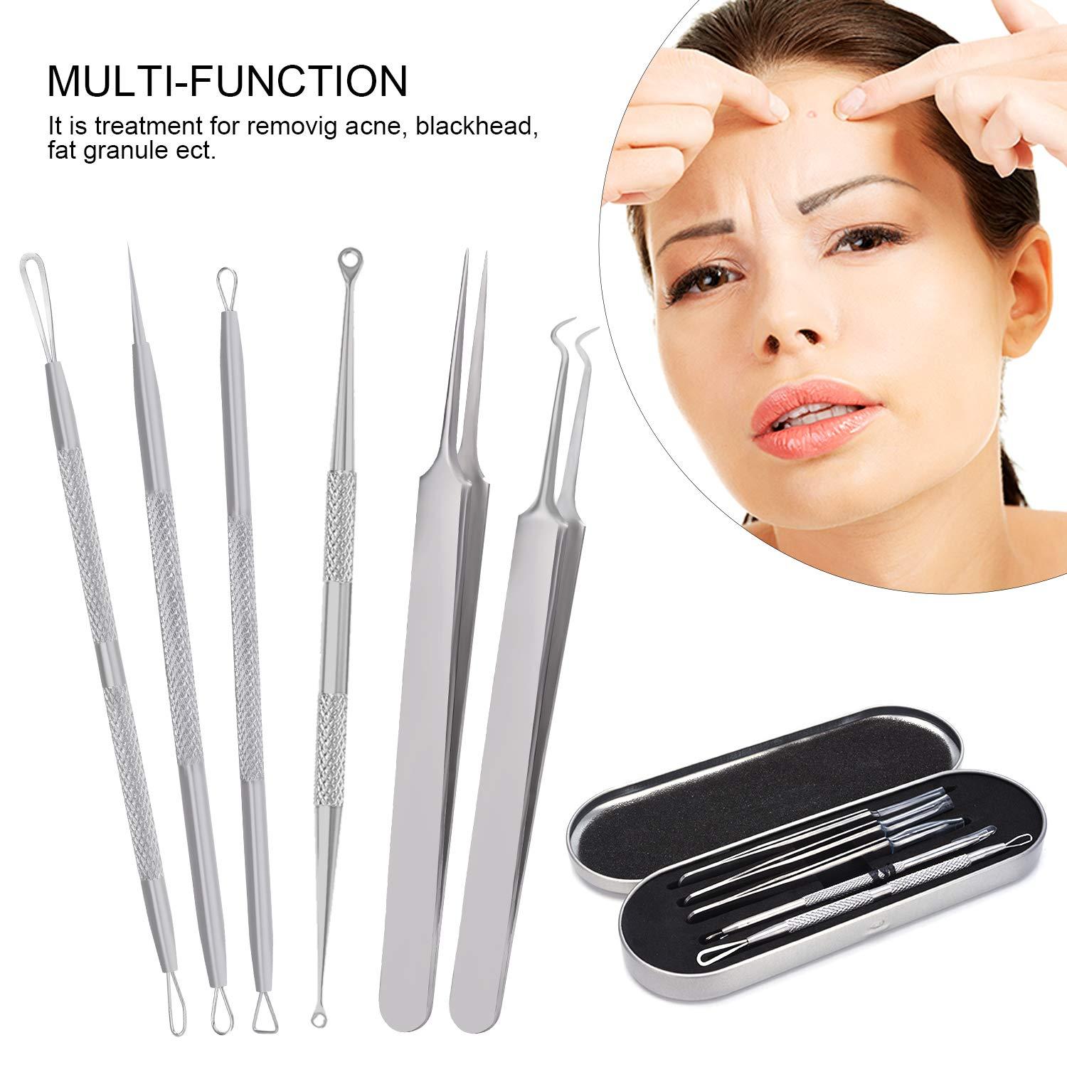 SKINOSM SKINOSM Blackhead Remover Acne Pimple Comedone Extractor Curved Whitehead Tweezers Tool Kit Treatment for Facial Skin Care Protect with Silver Metal Case (Tweezers Kit 6pcs)