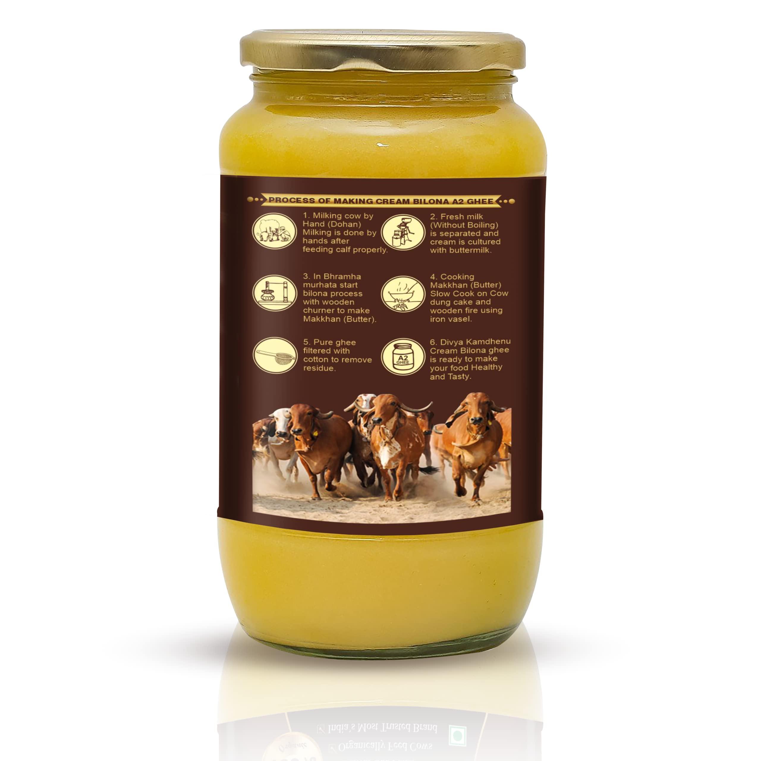 DIVYA KAMDHENU Divya Kamdhenu Cow A2 Ghee Cream Bilona Method (1L) Gir Cow Ghee, Organic, Grassfed, Cultured, Traditional Ghee, Desi Cow Ghee, Glass Bottle, 1 Litre Ghee 100% Pure Non GMO