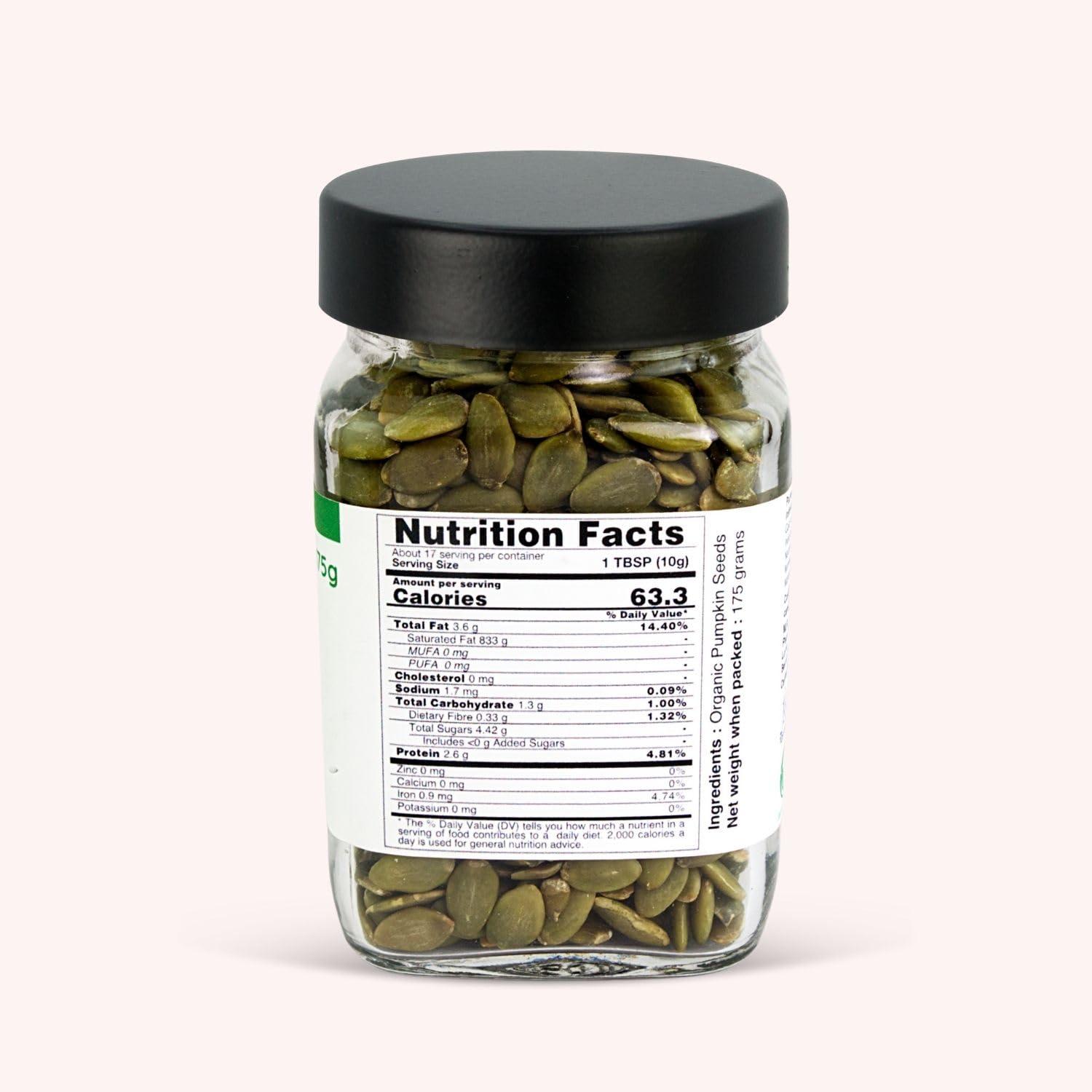 Pure Tree Pure Tree Certified Organic Pumpkin Seeds | 175 g | Glass Jar | Kaddu ke Beej | Organic Seeds for Eating Good Source Of Omega 3 | Raw Pumpkin Seeds Organic Superfood