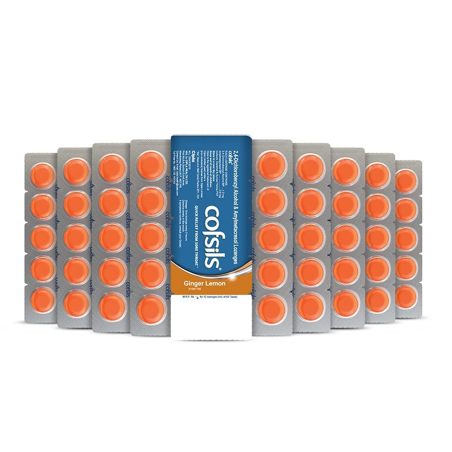 Cipla Cipla Cofsils Lozenges (100 Lozenges) | Ginger Lemon Flavour | Quick Relief from Sore Throat, Itchy Throat and Scratchy Throat (10 x 10 Strips)