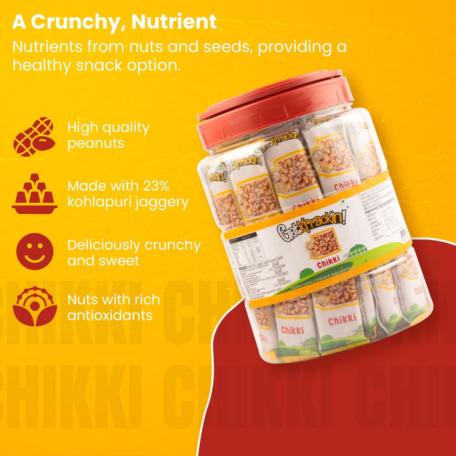GetKrrackin! GetKrrackin! Peanut Chikki Jar | Pack Of 72 Pcs - 15 Gram Each | No Added Colors Or Preservatives | Crunchy Peanut Bar With Jaggery | Gajak, Gazak | Indian Sweets & Snacks
