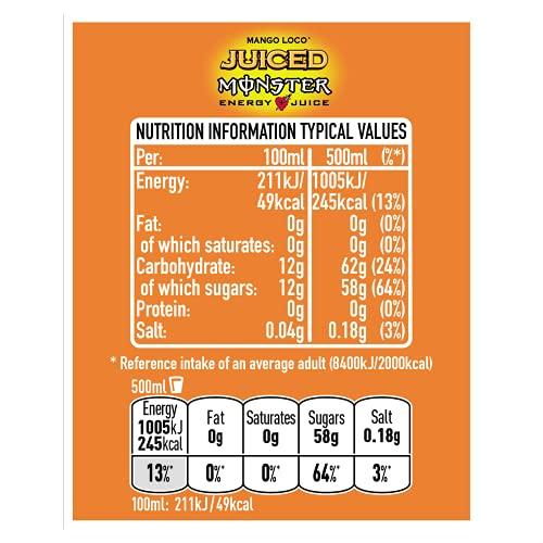Monster Energy Monster Mango Loco Energy + Juice Carbonated Energy Drink | L-Carnitine + Inositol + B Vitamins + Taurine, 16.91 fl oz 500 ml, 12 Pack