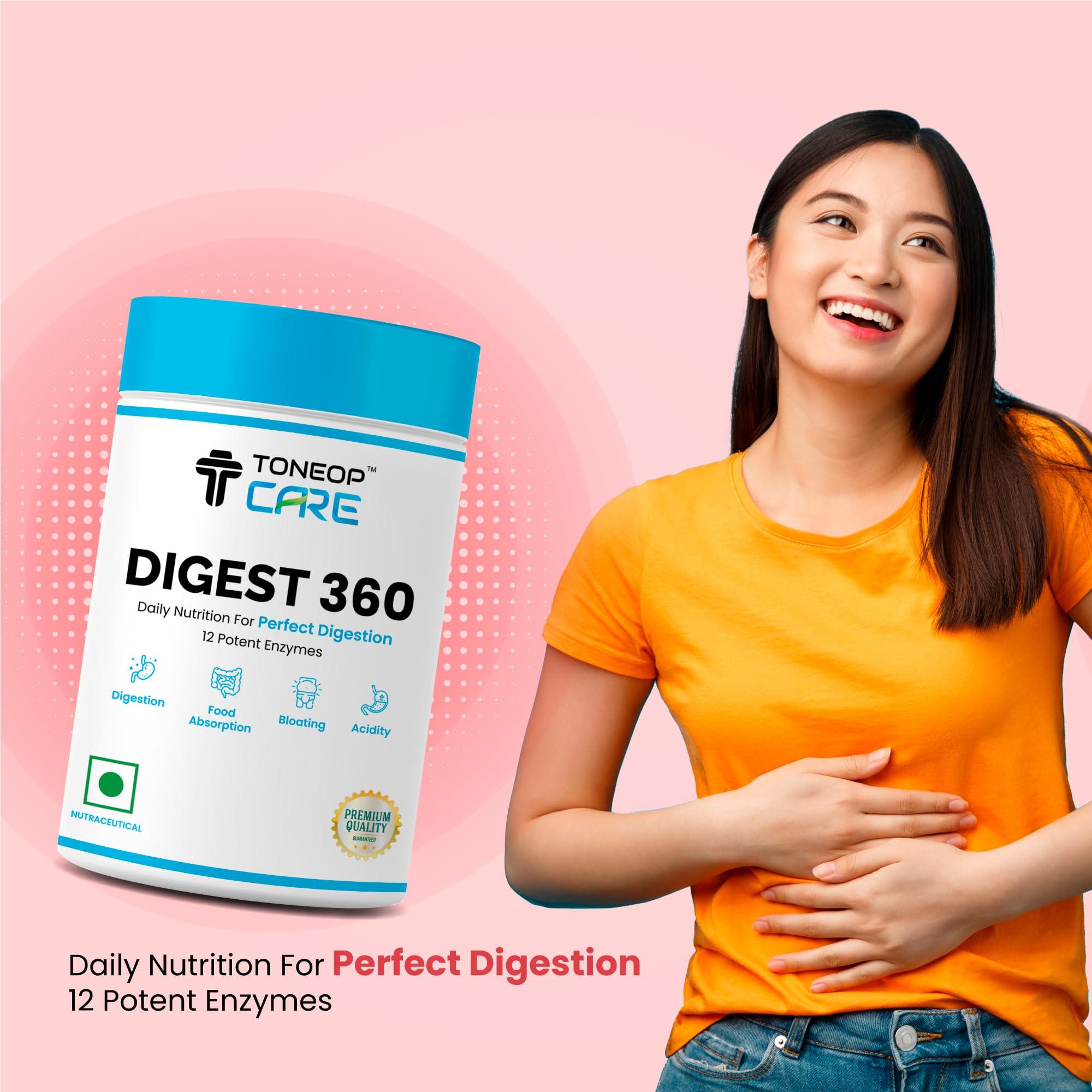 ToneOp Care ToneOp Care Digest 360 - Improves Digestion & Relief From Bloating | Helps in Reducing Acidity | With a Powerful Blend of 12 Enzymes | For Complete Digestive Care | 60 Tablets