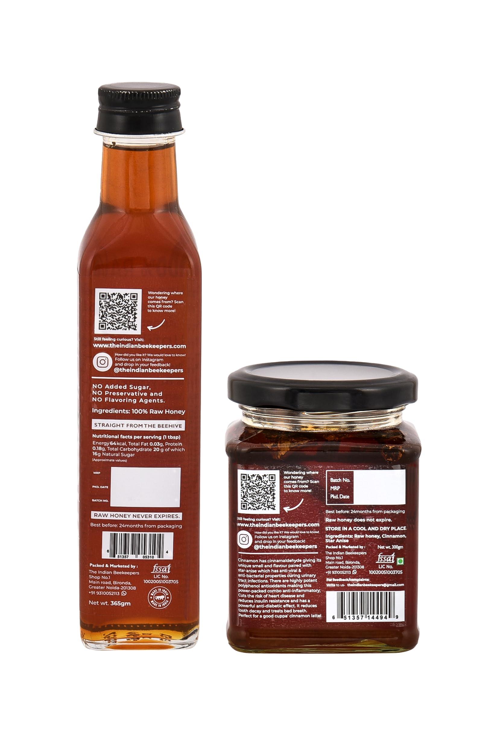 The Indian Beekeepers The Indian Beekeepers Combo Pack of 2 - Himalayan Wild Premium Organic Raw 100% Honey, 365 gm + Cinnamon Honey, Imbued Organic Raw Honey, No Added Sugar, No Preservatives, 300 gm