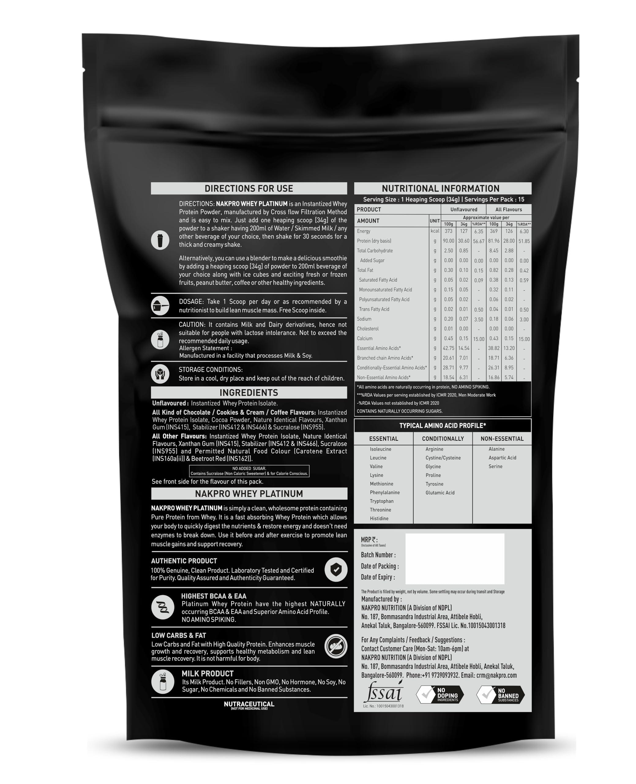 NAKPRO NAKPRO Platinum Whey Protein Isolate | 28g Protein, 6.4g BCAA | Trustified Certified - 500g Chocolate Cream | Low Carbs, Fast Absorbing Whey Protein Powder