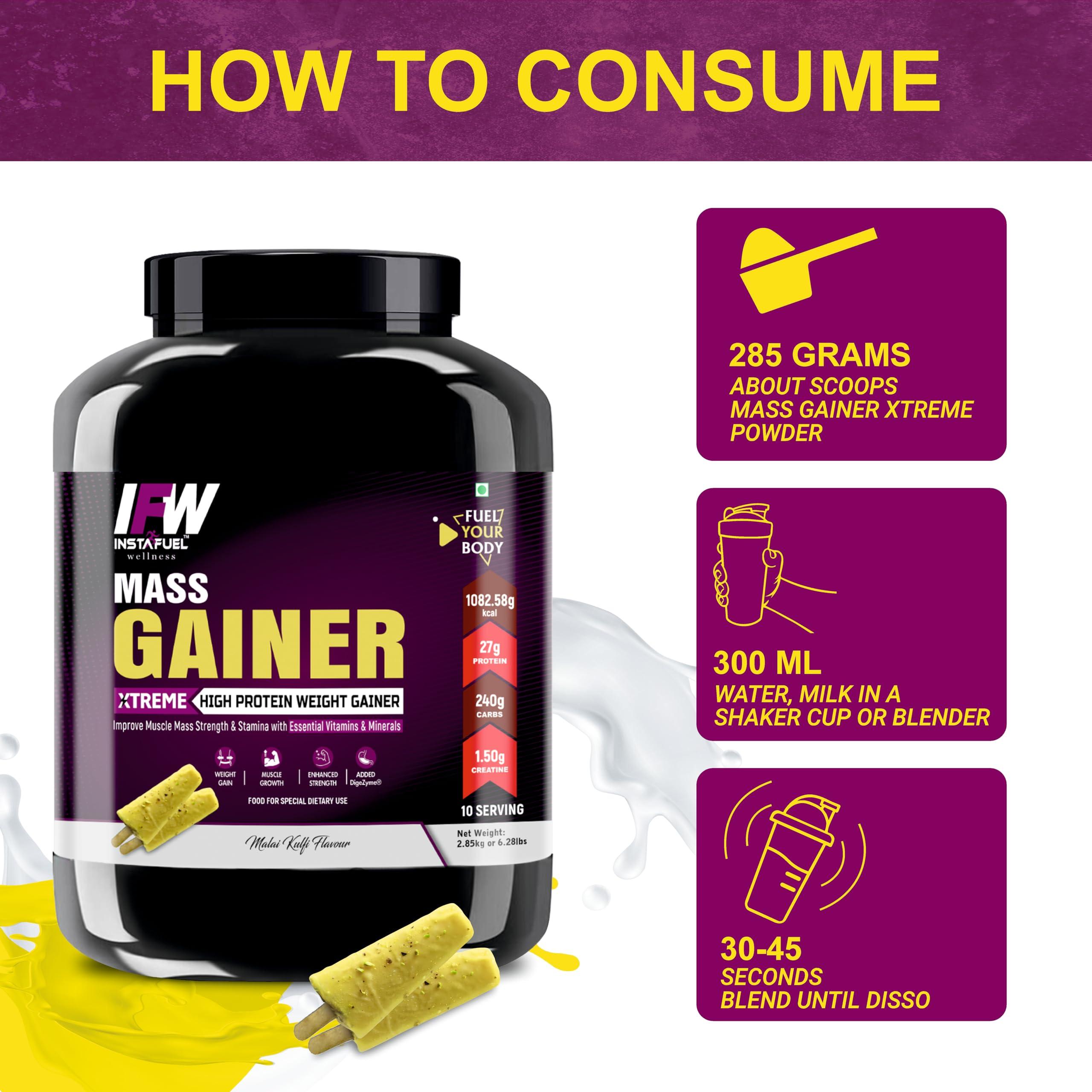 INSTAFUEL Instafuel Xtreme Mass Gainer-High Protein High Calorie Weight Gainer Powder - 2.85 kg (Malai Kulfi) (27g Protein, 1082.58 kcal, 1.5g Creatine with Vitamins and Minerals)