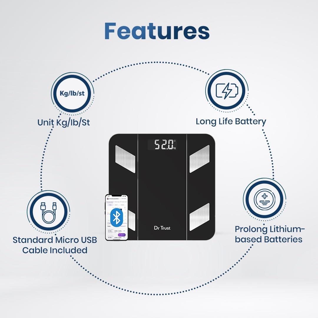 Dr Trust Dr Trust USA Hercules Smart Body Fat Scale & Composition Measurement Device-525, BMI, Personal Weighing Machine Monitor Body Weight & Age, Syncs With Fitness App (Black)