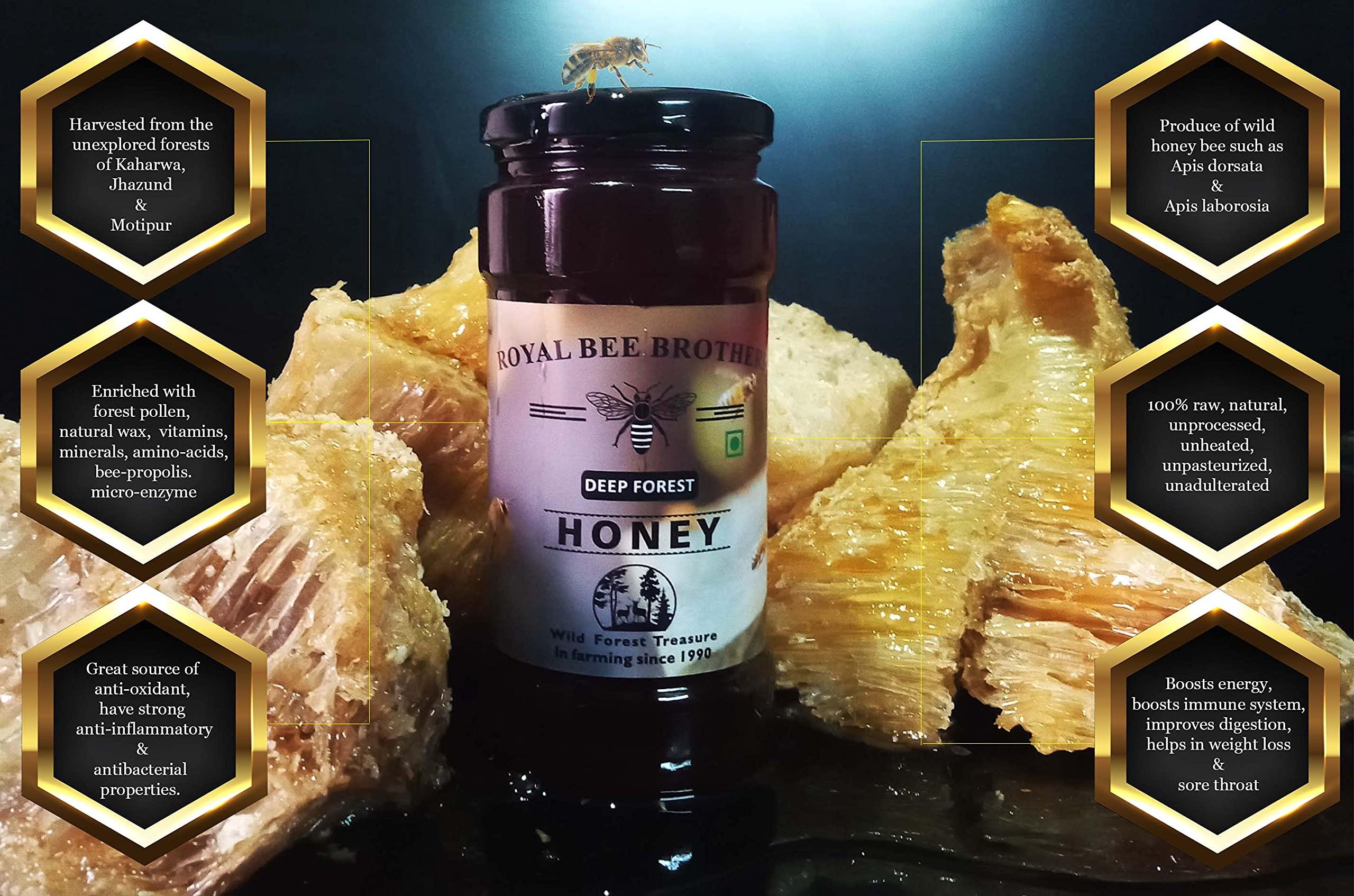 Royal Bee Brothers Wild Forest Raw Honey | Produce of Wild Honey Bee | 100% Pure & Natural, Unprocessed, Unheated, Unadulterated