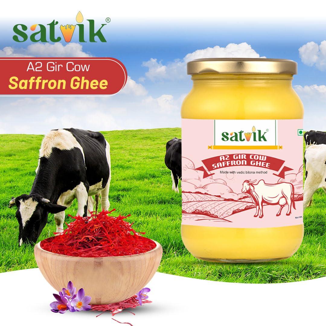 SATVIK PURE GHEE Satvik Pure Ghee A2 Gir Saffron Cow Ghee 500gm Churned from Vedic Bilona Method | Bilona Ghee | A2 Cow Desi Ghee 500ml