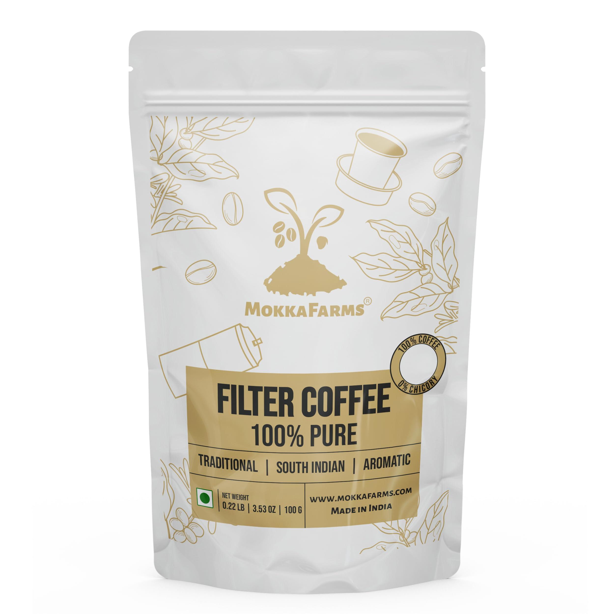 MOKKAFARMS MokkaFarms Traditional South Indian Filter Coffee - 100% Pure Arabica 100g | 0% Chicory | Fresh Roast & Ground, Pure, Rich, Flavor, Aroma | Farm to Fork, Estate Coffee | One-way Valve Zip-lock Bag |