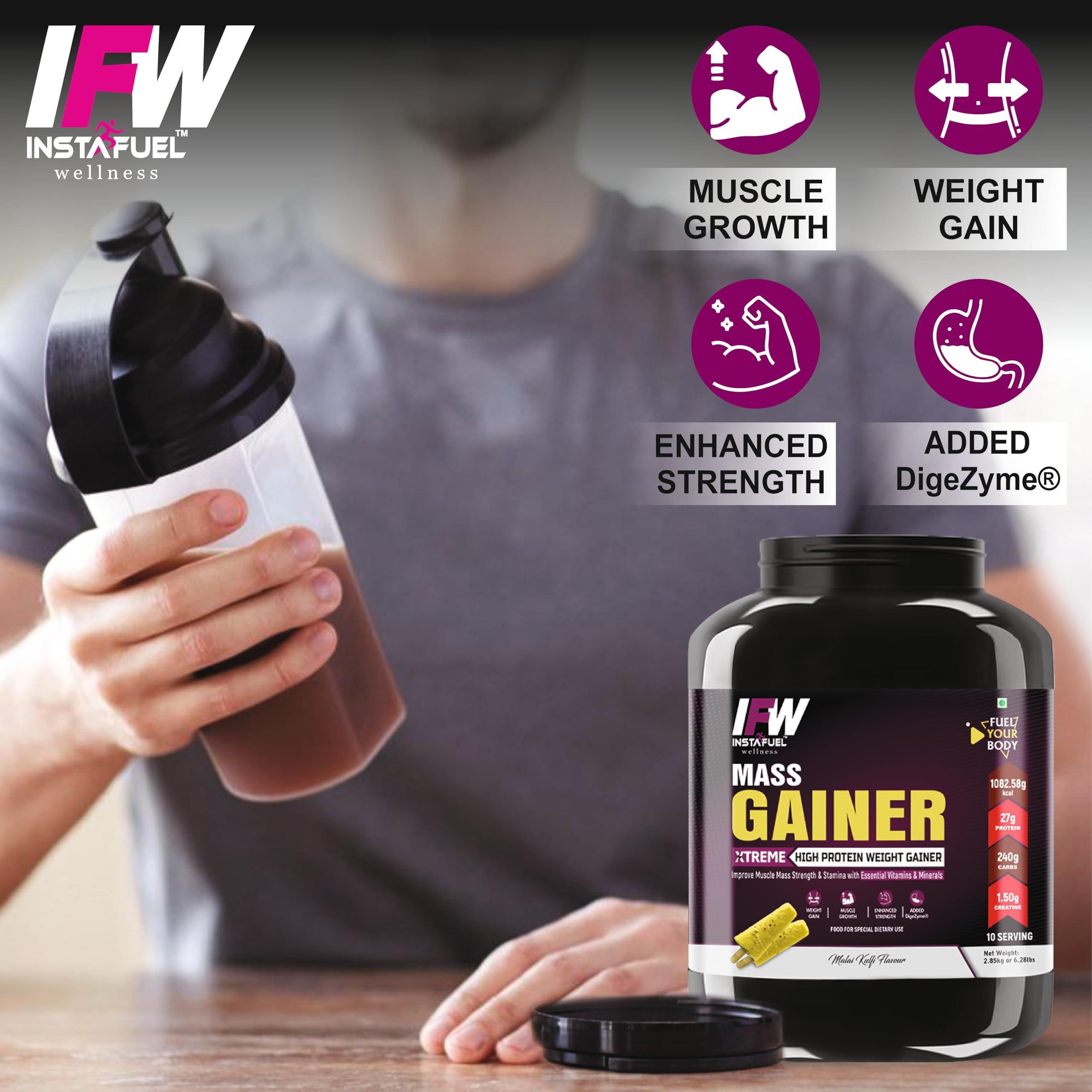 INSTAFUEL Instafuel Xtreme Mass Gainer-High Protein High Calorie Weight Gainer Powder - 2.85 kg (Malai Kulfi) (27g Protein, 1082.58 kcal, 1.5g Creatine with Vitamins and Minerals)