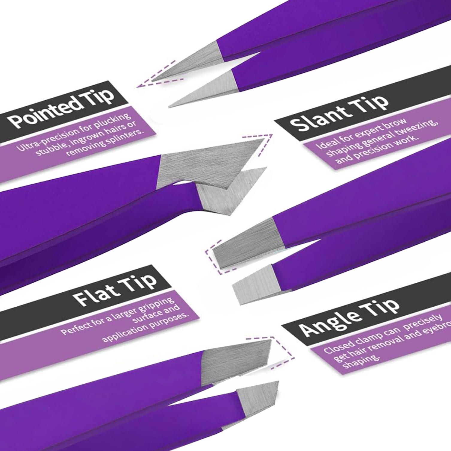 PROMAX Promax Care EyeBrow 4-piece Tweezers Set;-for Eyebrow Plucking, Ingrown Hair -Best for Eyebrow Hair, Facial Hair Removal,Splinter - Stainless Steel Precision Sharp- Pointy Ends Meet Perfectly (Purple)