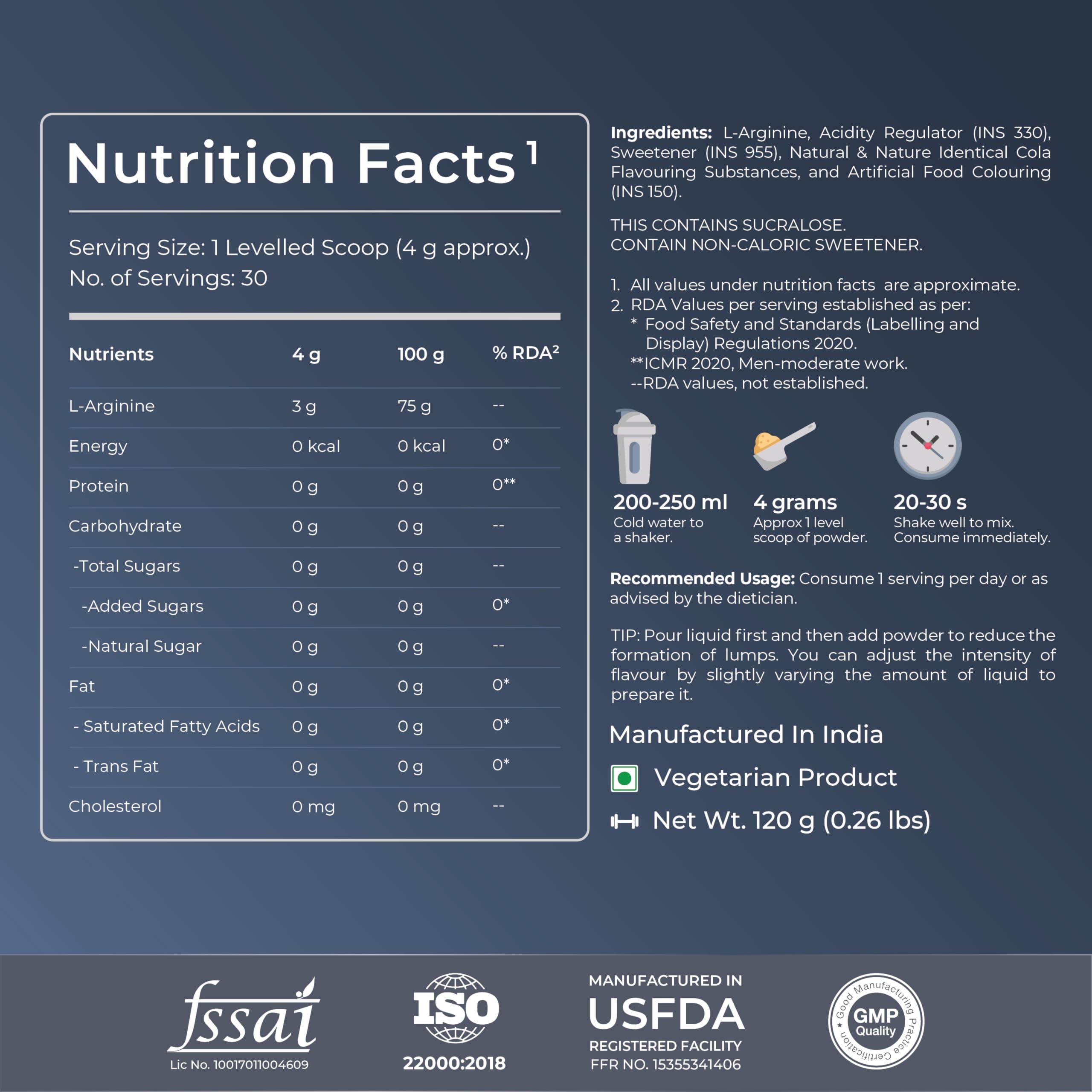 Nutrabay Nutrabay Gold L-Arginine Supplement Powder - 120g, Cola Flavor | Pre Workout Amino Acid for Endurance, Muscle Building & Faster Recovery