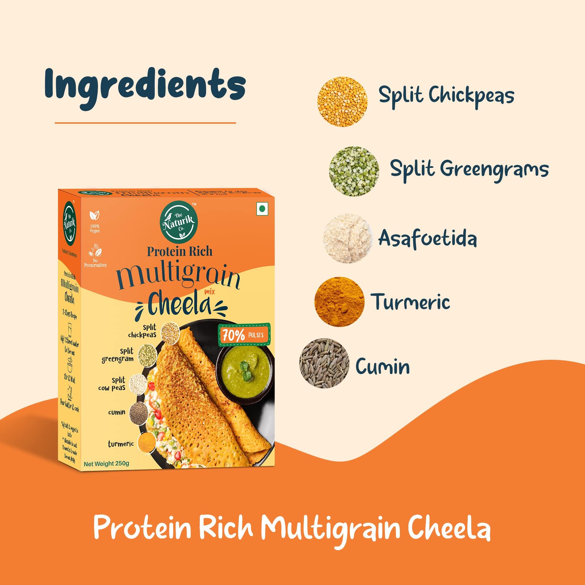 The Naturik Co The Naturik Co. Multigrain Chilla Mix 250g (Pack of 4): Instant, Ready-to-Cook Cheela & Dosa Mix with 70% Pulses & 20% Protein, Healthy Breakfast Option for Kids & Family