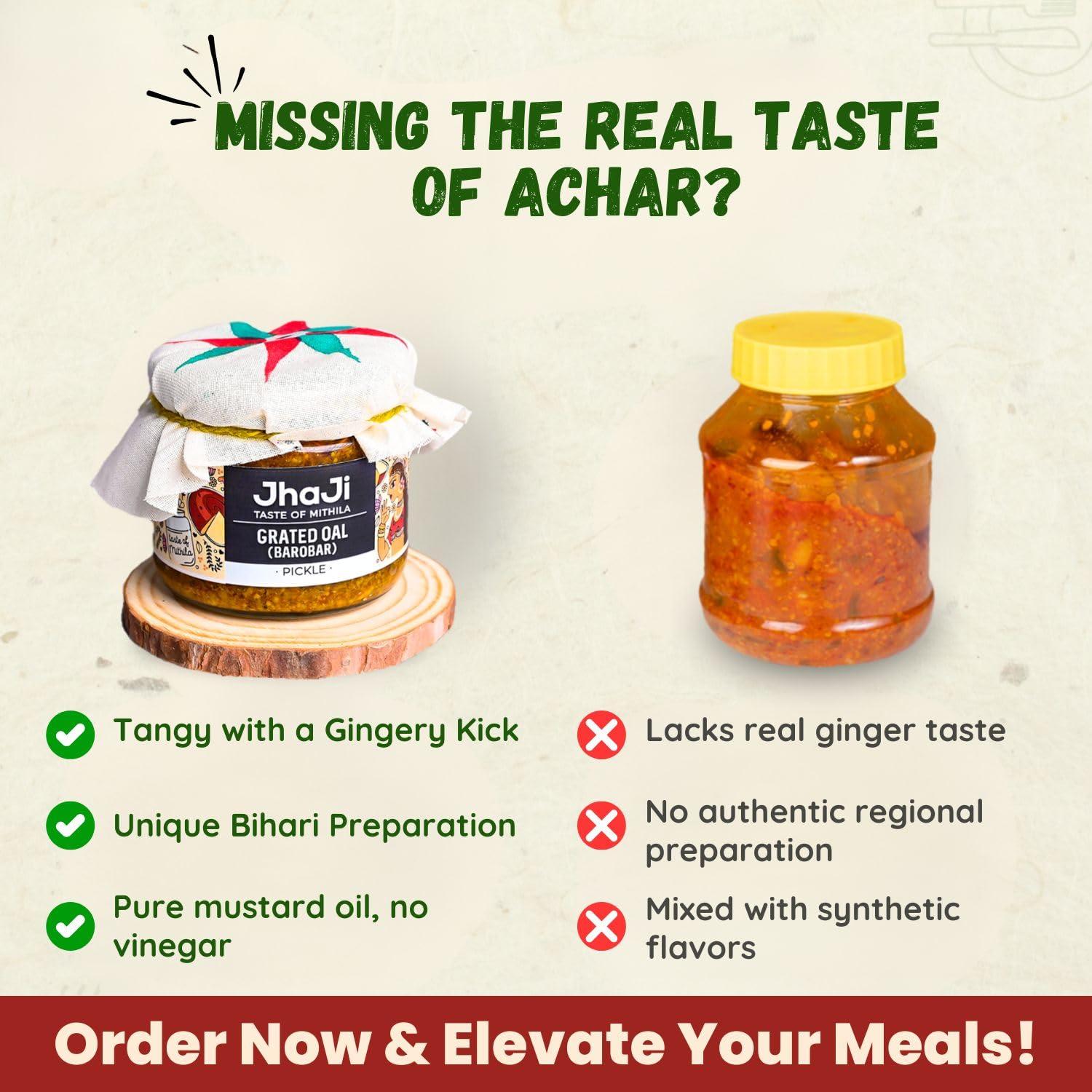 JhaJi - Taste of Mithila JhaJi - Taste of Mithila Oal Ginger Chilli Mix Pickle | Tangy, Spicy, And Gingery Aftertaste | Grated Jimikand Pieces | Sun-Dried | Bihari-Style Homemade Pickle, 500G