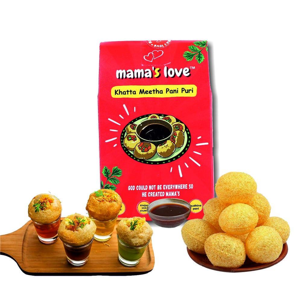 Mama\'s Love Mama\'s Love 450 Pcs Ready-to-Cook Khata Meetha Golgappa Pani Puri Packet Readymade - Homemade Pani Puris | Each Pack Includes 50 Pcs Pani Puri, 2 Types of Masala, 1 Tamarind Imli Chutny (Pack Of 9)