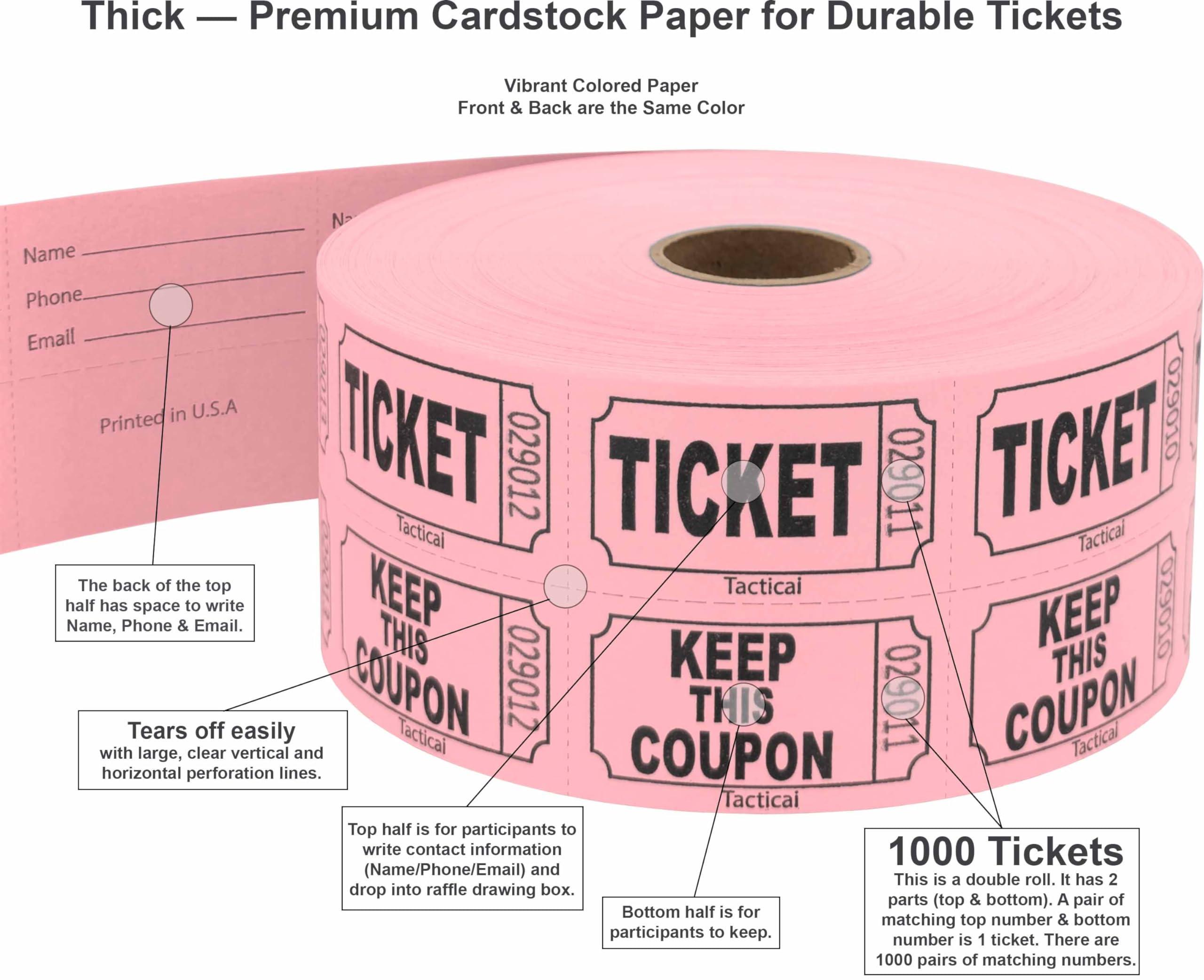 Tacticai 1000 Tacticai Raffle Tickets, Pink (8 Color Selection), Double Roll, Ticket for Events, Entry, Class Reward, Fundraiser & Prizes