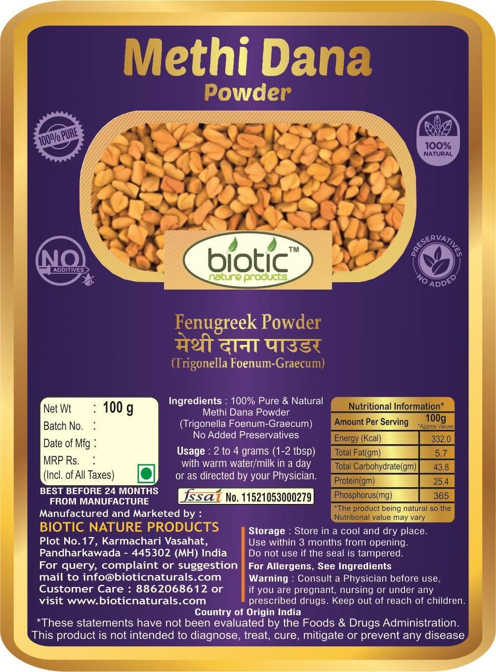 Biotic Biotic Natural Methi Dana Powder - Fenugreek Seeds Powder - Menthulu Seed Powder - 100gm for Hair and Eating