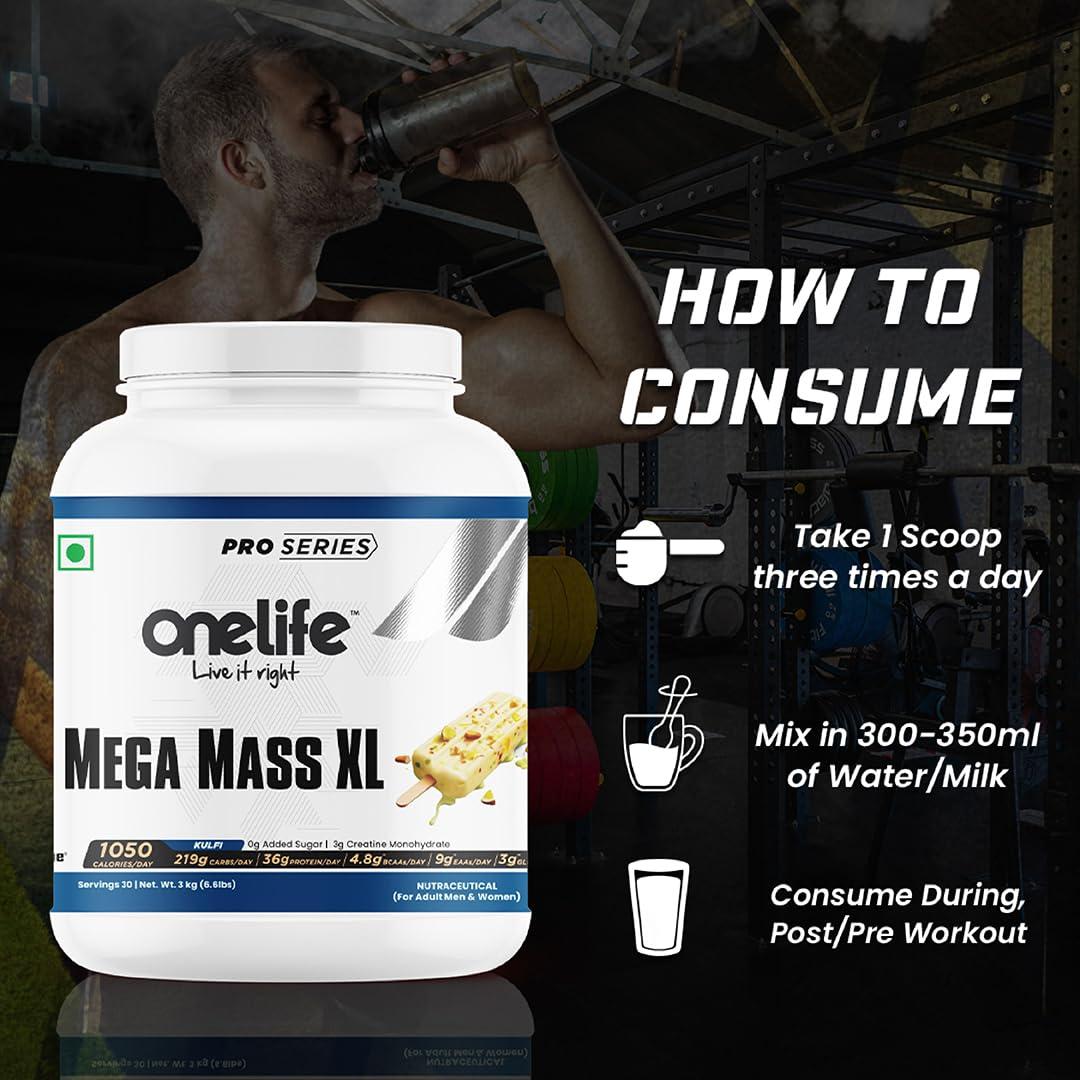 OneLife Onelife Mega Mass Gainer XL | 1050 Calories/day, 219 Carbs/day, 36g/day Protein, Vitamins & Minerals I For Lean Mass & Muscle Gain I No Added Sugar, Powered with Digezyme I Kulfi Flavour 3kg