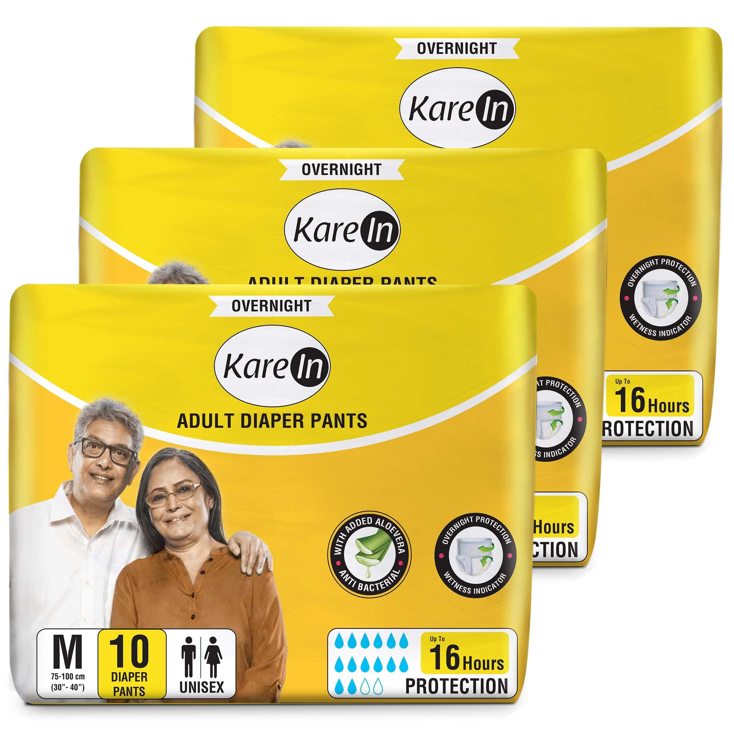 KareIn KareIn Overnight Adult Diaper Pants, Medium 75-100 Cm (30\"- 40\"),30 Count, Unisex, Leakproof, Elastic Waist, With Aloe Vera Lotion, Anti-Bacterial, ADL, Wetness Indicator, Pack of 3