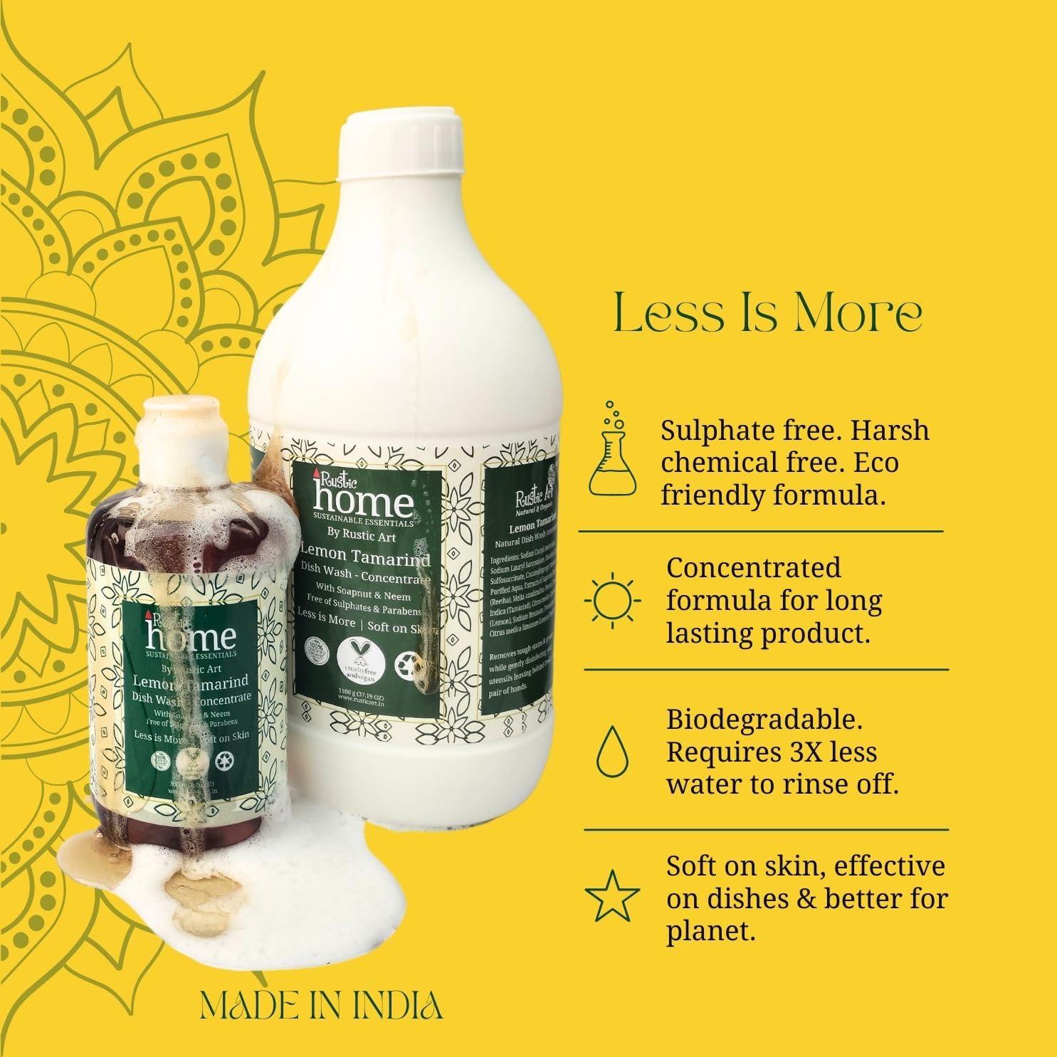 Rustic Art Rustic Home Lemon Tamarind Dish Wash Concentrate with Soapnut & Neem | Converts to 3 litres liquid | Natural & Toxin free |(300g (Pack of 1))