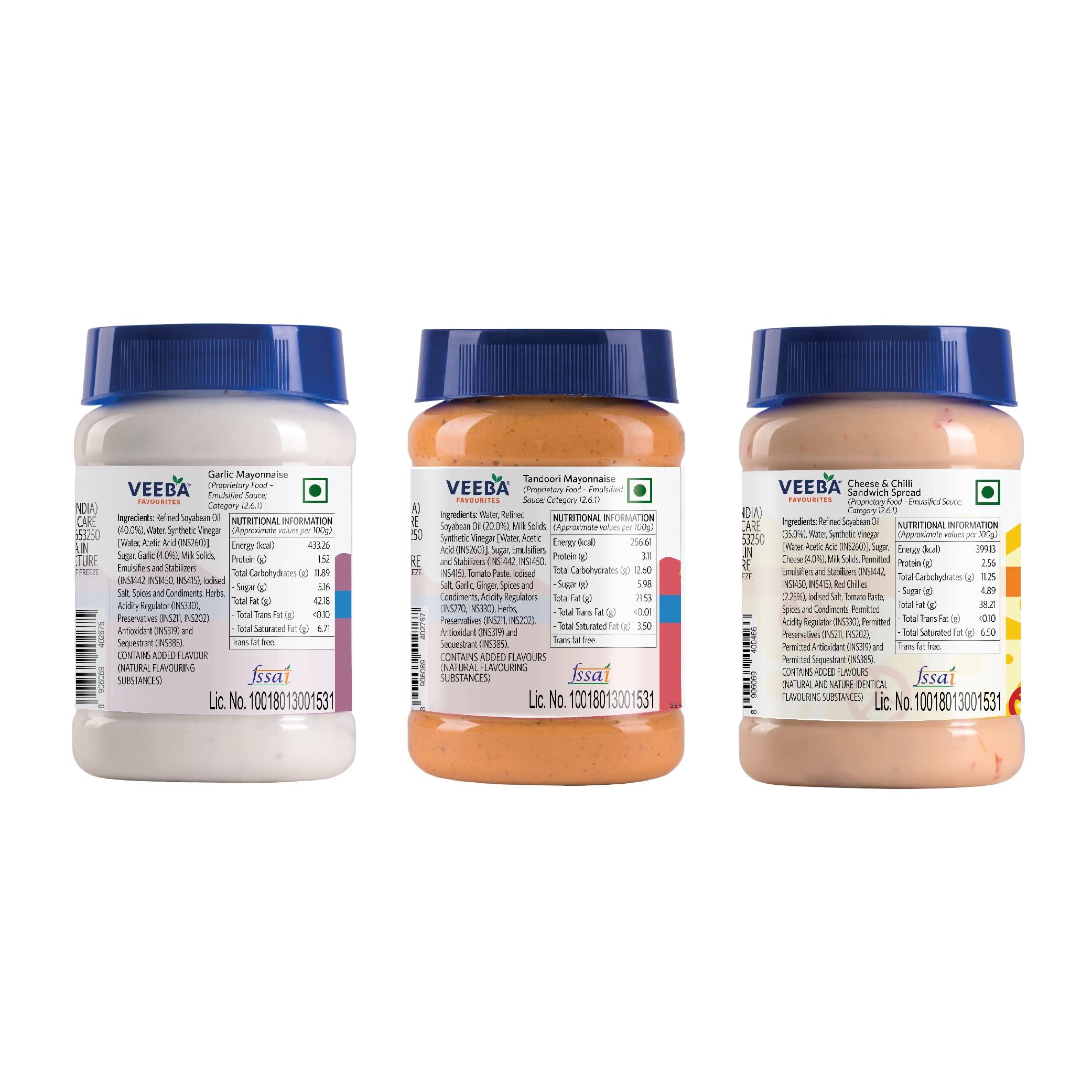 VEEBA VEEBA Garlic Mayonnaise 250 Gram, Tandoori Mayonnaise 250 Gram & Cheese & Chilli Sandwich Spread 250 Gram - Pack of 3