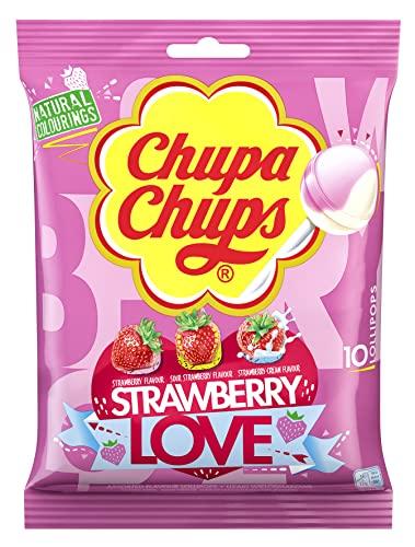 Chupa Chups Chupa Chups Strawberry Love Flavor 10 Lollipops (Strawberry, Sour Strawberry & Strawberry Cream)Imported, 120g