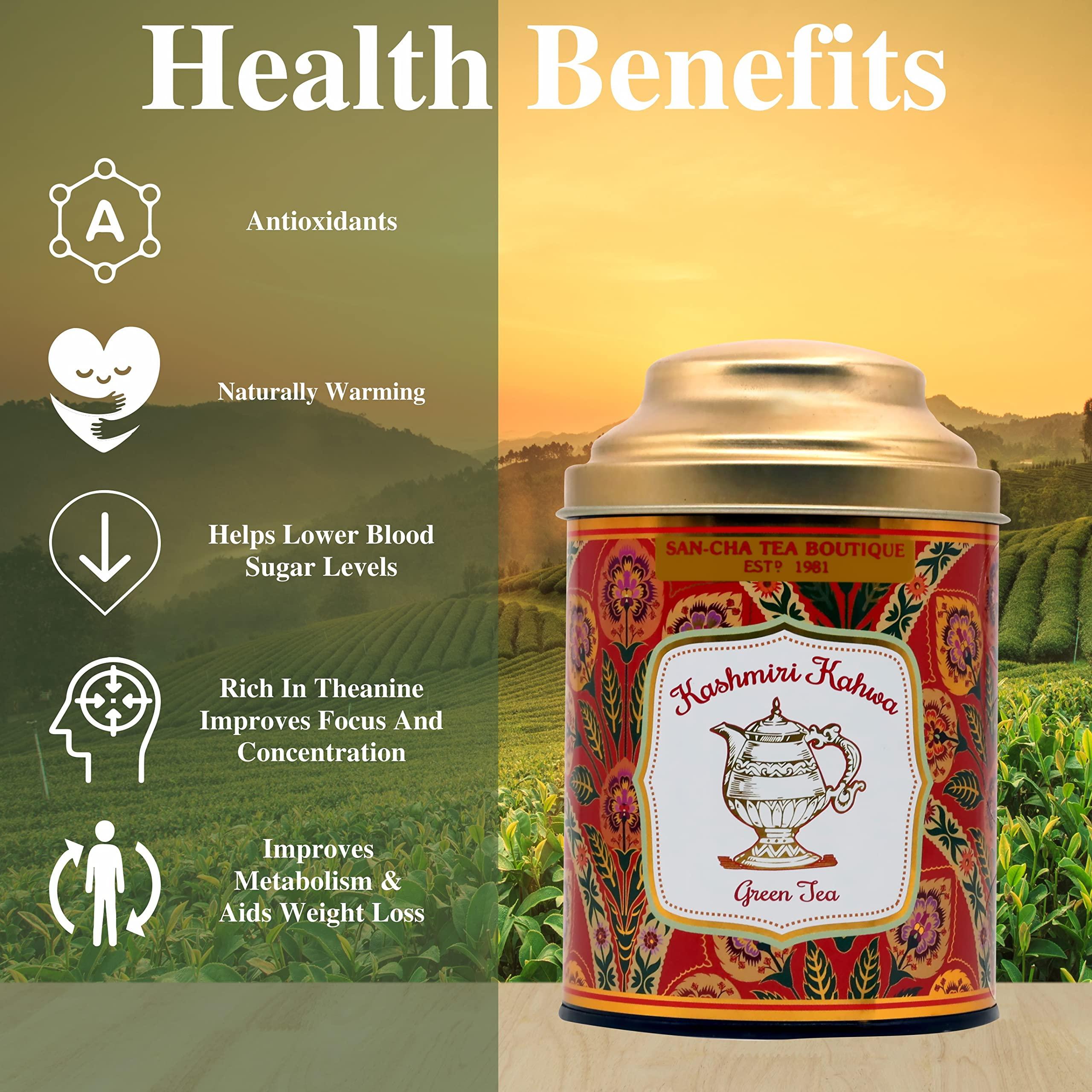 SAN-CHA SAN-CHA Tea Boutique Kashmiri Kahwah Tea(75+Cups) 100% Rainforest Alliance Certified Real Spices, Desi Kahwa, Detox Loose Leaves Green Tea, 1 Grams, Pack Of 1