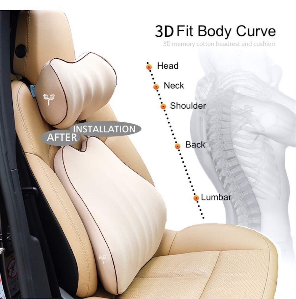 Grin Health Grin Health C3 Back Cushion Lumbar Support For Car Seat Backrest & Neckrest Pillow Headrest Support- Back Rest For Back Pain Relief Neck Pillow Relieves Neck Pain, Combo Kit Beige - Memory Foam