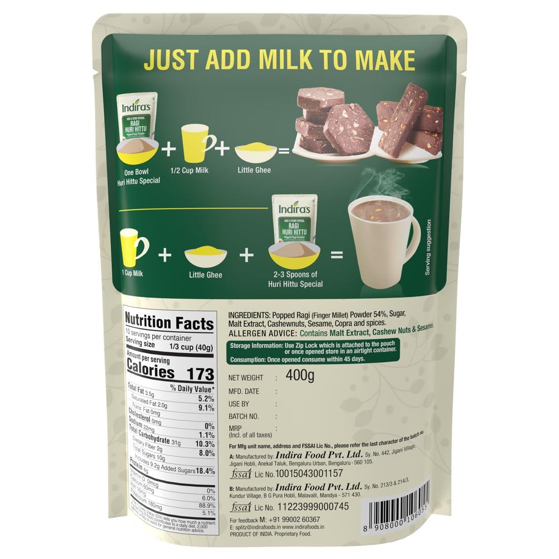 INDIRA Indira’s Ragi Huri Hittu - Teens & Kids Special, Popped Ragi Flour with Cashew Nuts, Malt, Spices (400g, Pack of 4), Ragi Malt Mix, Instant Ragi Porridge Mix, Ragi Laddu Mix