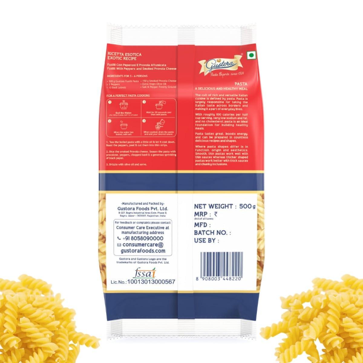 Gustora Gustora Combo Pack of Fusilli Pasta & Fettuccine Pasta, 1 KG I Pasta Combo Made of Durum Wheat Semolina I Rich in Protein & Fibre I Zero Cholesterol I No Trans-fat I Cooking Time 10 Min (500gX2)