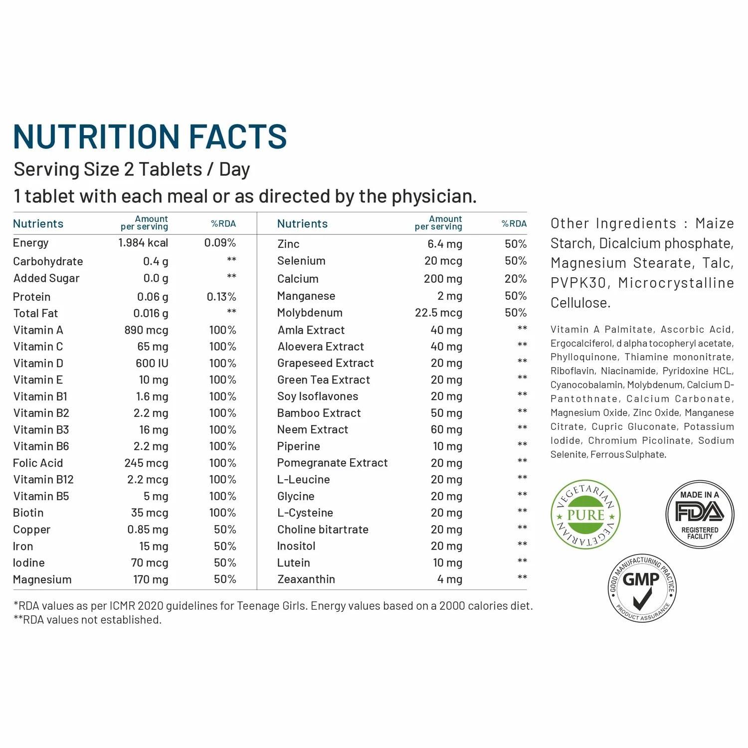 Bliss Welness Bliss Welness Teenage Girl Multivitamin With Vitamin and Minerals, Calcium Magnesium Zinc, Aloe Vera Extract, Bamboo and Grapeseed Extract For Immunity, Hair Skin Nails, Bone & Joint Health, - 60 Tablets